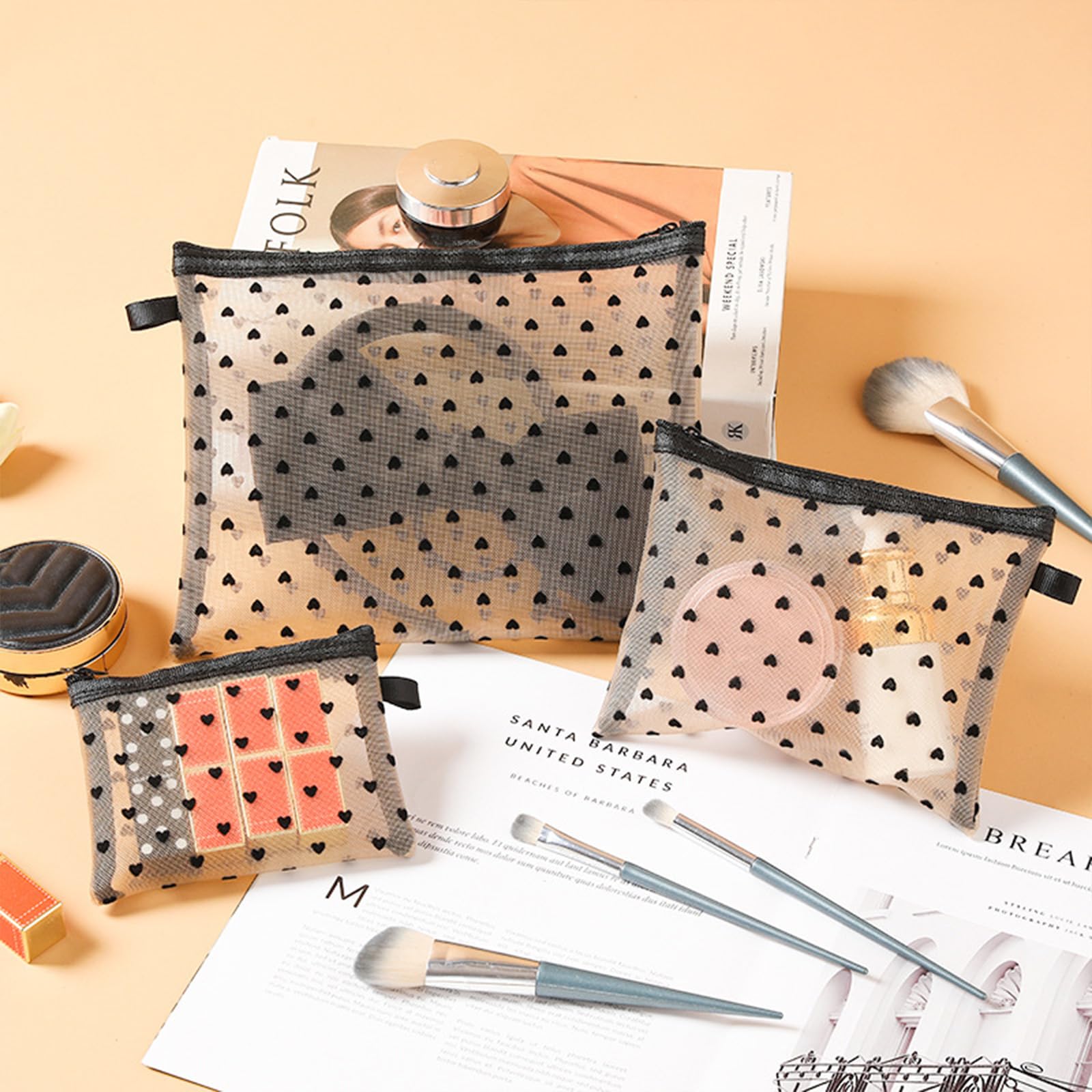 LYDZTION 3-Piece Heart Shaped Mesh Makeup Bags Set with Zipper - Portable Cosmetic Organizer Pouch for Travel, Home & Office - Perfect for Daily Toiletries & Beauty Accessories (Beige, 3 Sizes) | Great for Gym, Vacation & Gift Giving