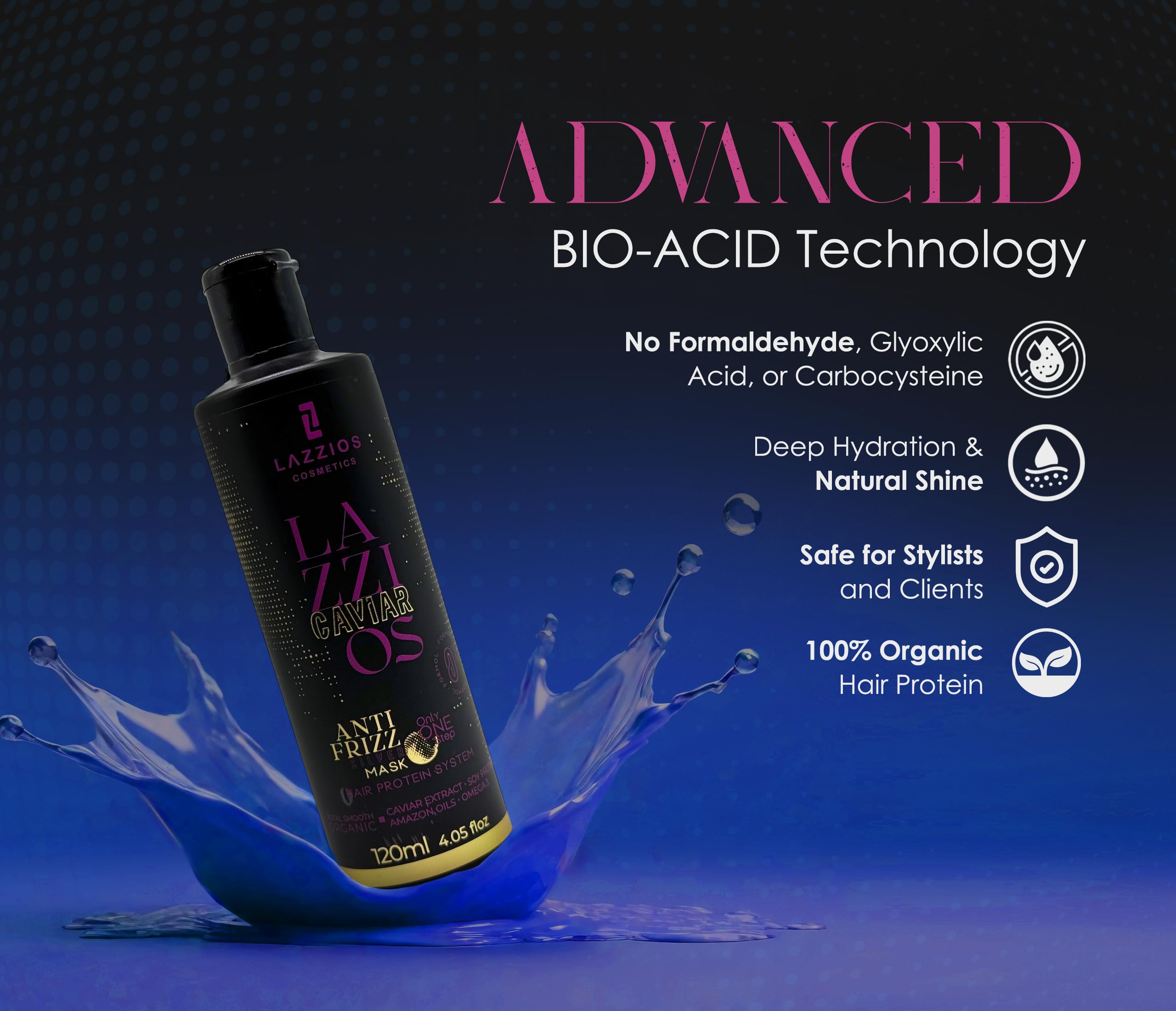 Lazzios Caviar Organic Hair Protein Treatment – Brazilian Straightening & Anti-Frizz Formula with Hyaluronic Acid, Hydrolyzed Keratin & Caviar Extract – Formaldehyde-Free, 120ml – For Smooth, Shiny & Manageable Hair at Home or Salon