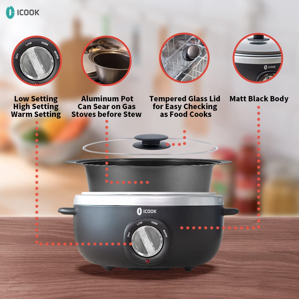 ICOOK USC-65-OP001BK 6.5 Quart Slow Cooker with Glass Lid - Stovetop & Dishwasher Safe Aluminum Pot - Adjustable Temperature for Stewing, Sautéing & Food Warming (Black) - Perfect for Family Dinners, Potlucks & Meal Prep
