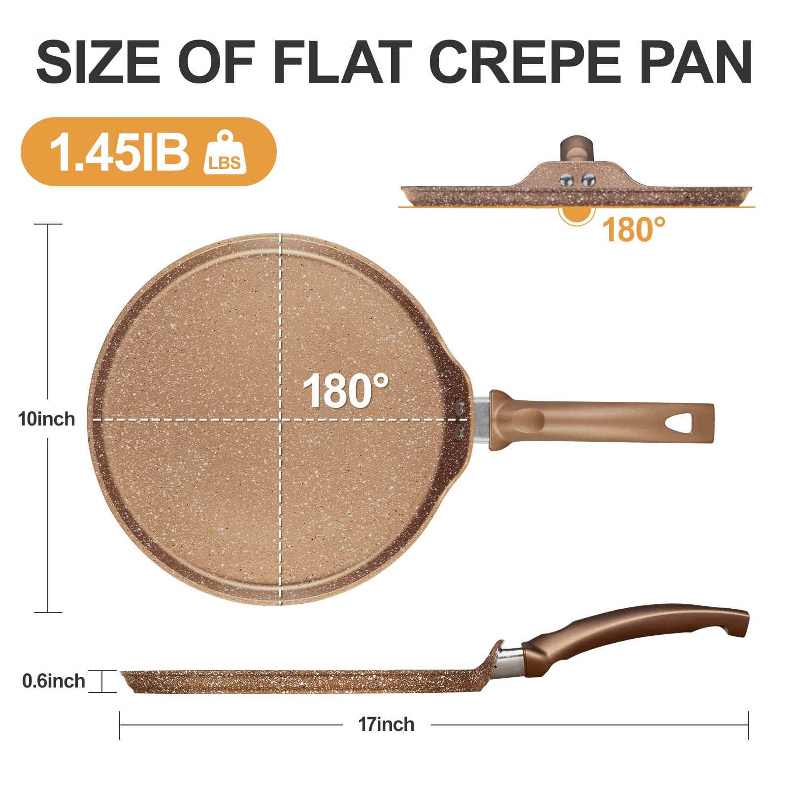 Nonstick 10 Inch Crepe Pan - Granite Coating Flat Skillet for Dosa, Tawa, Tortilla, Pancake & Roti - Induction Compatible PFOA-Free Cookware with Stay-Cool Handle - Perfect for Breakfast, Indian Cooking & Mexican Cuisine