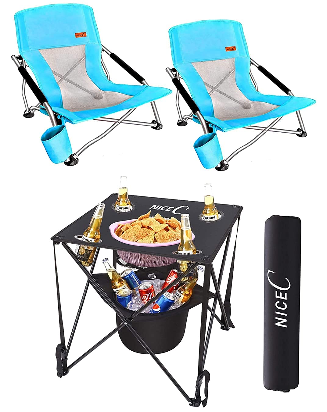 2 Pack Blue Folding Beach Chairs with Cooler + 1 Pack Portable Folding Table - Lightweight Outdoor Furniture for Beach, Camping, Picnics & Backyard Relaxation