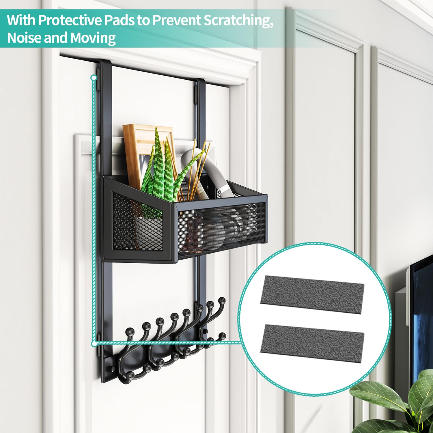 HapiRm Over The Door Hooks - 16 Hooks Stainless Steel Door Organizer for Towels, Coats, Bathroom & Kitchen Storage - Easy Installation with Basket - Black - Perfect for Dorm, Bedroom & Closet Organization