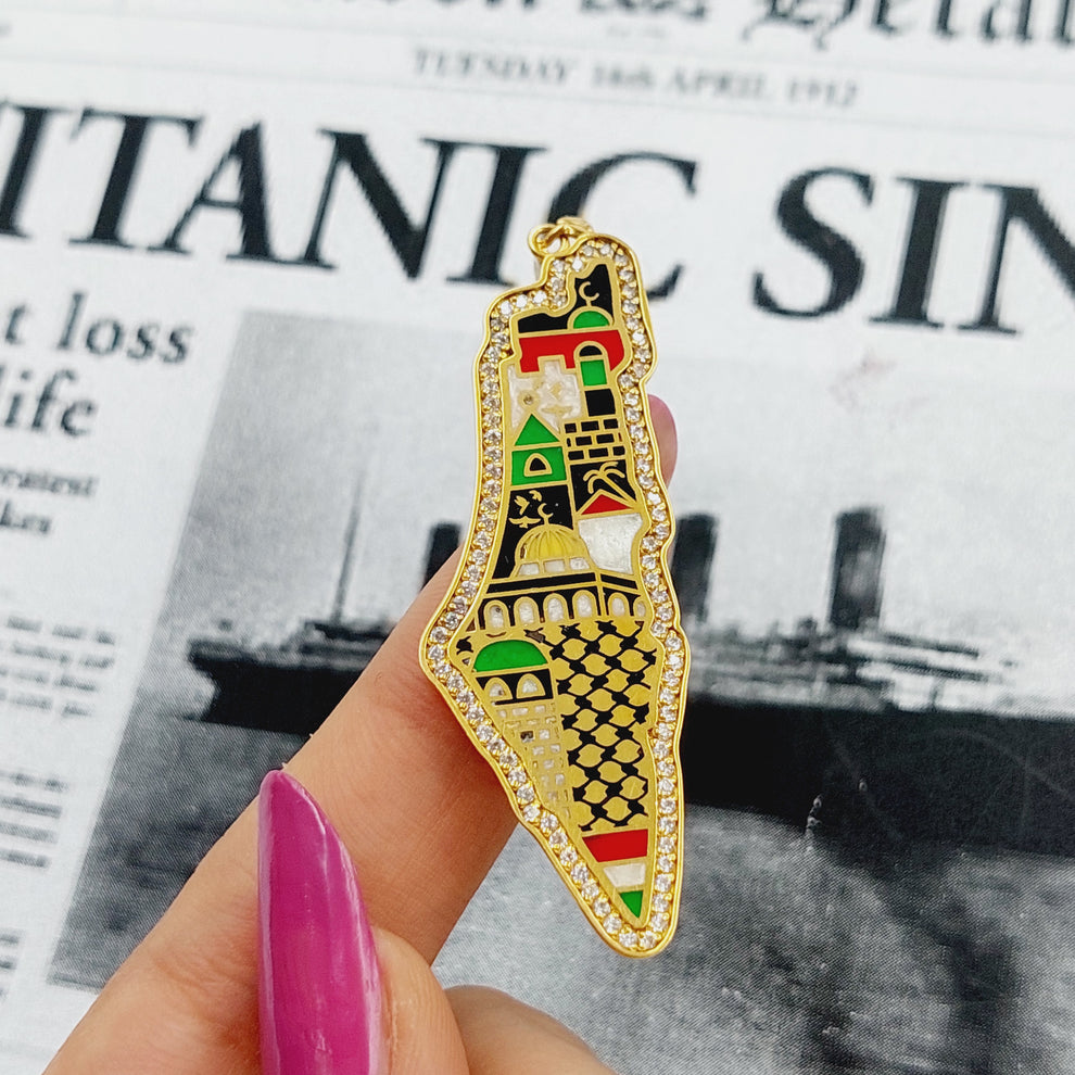 Enameled & Zircon Studded Palestine Pendant Necklace - Elegant Middle Eastern Jewelry for Women - Perfect for Parties, Weddings & Special Occasions