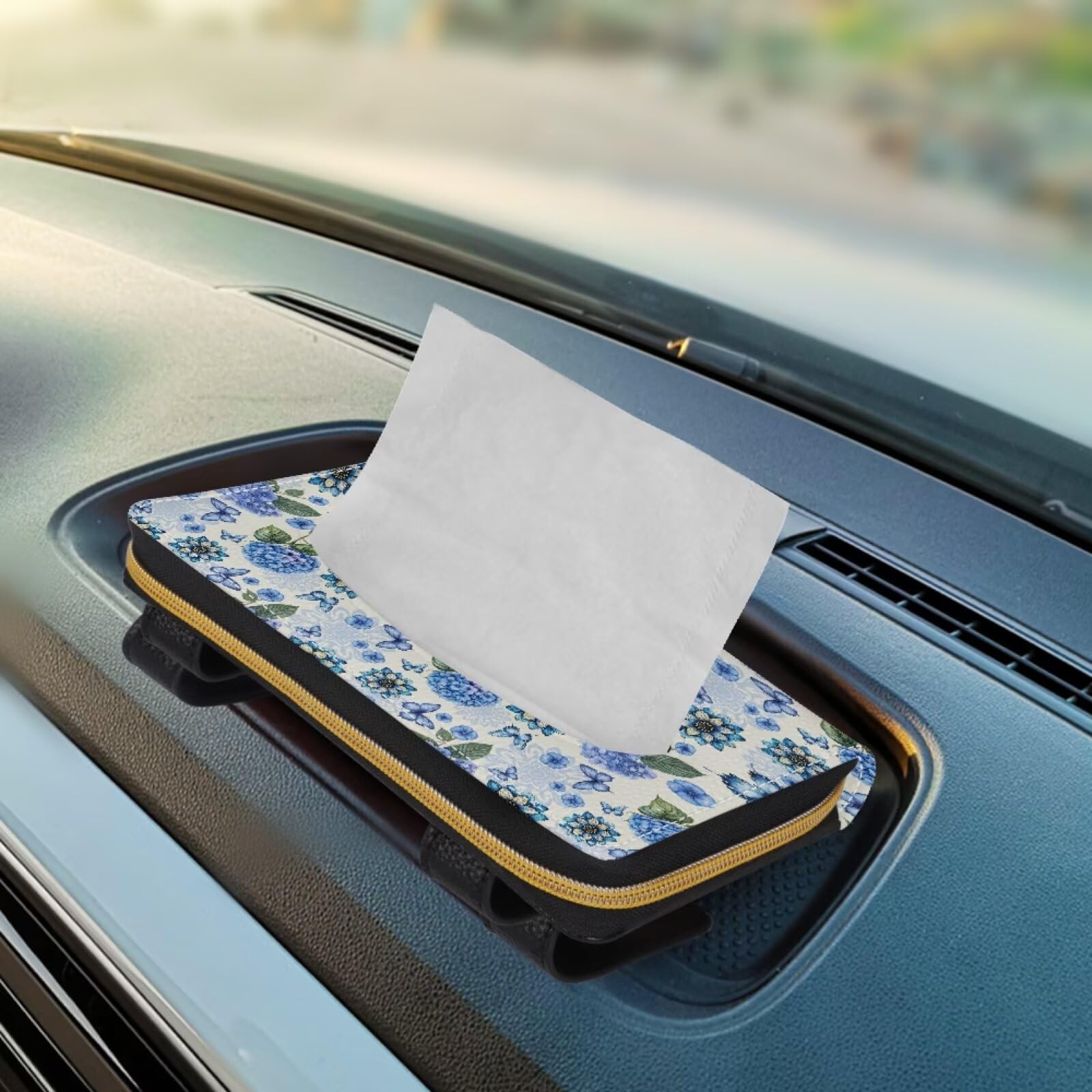 Blue Butterfly Mandala Hydrangea Floral Car Tissue Holder - PU Leather Sun Visor Napkin Organizer for Backseat | Car Accessories for Women, Travel & Road Trips
