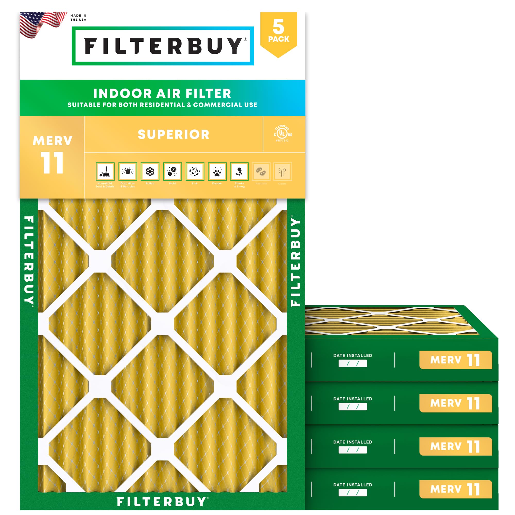 Filterbuy 12x27x2 MERV 11 Air Filter 5-Pack - Allergen Defense HVAC Furnace AC Replacement Filters (Actual Size 11.50x26.50x1.75 Inches) - Perfect for Home, Office & Allergy Relief