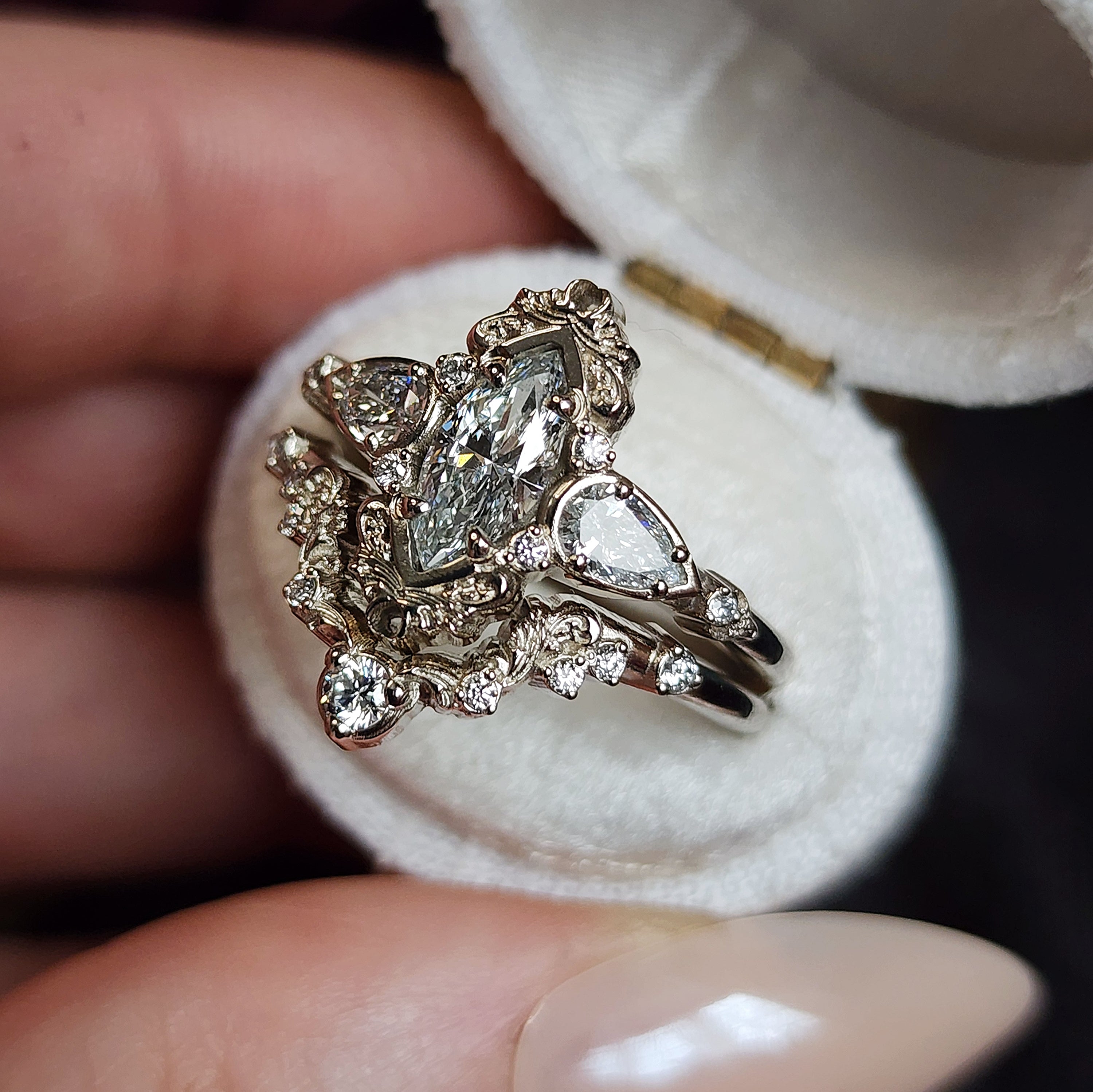Odette Marquise Engagement Ring Set with Fancy Gold Scrolls - Handcrafted Wedding Band for Women | Elegant Bridal Jewelry for Proposals, Anniversaries & Special Occasions