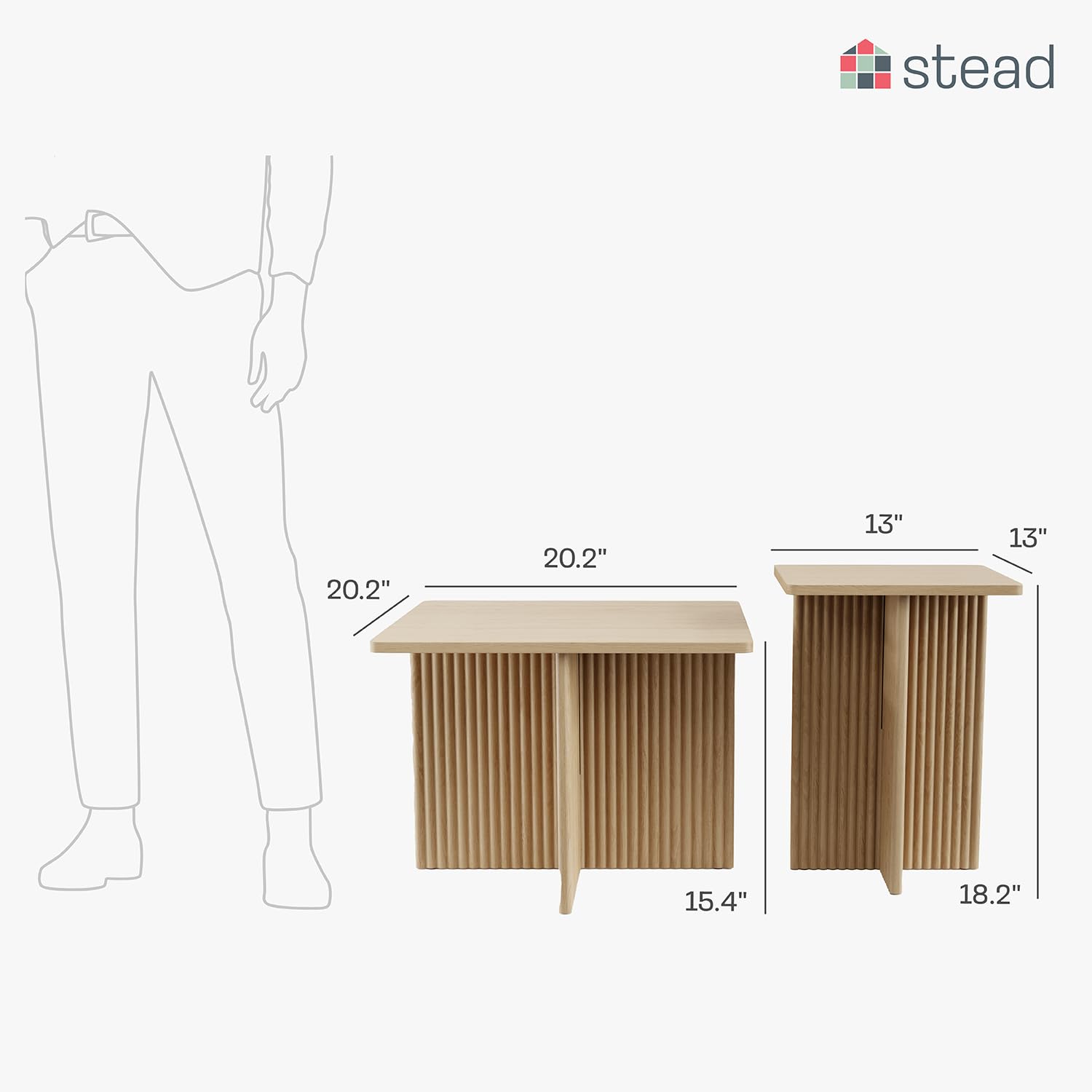 Square Fluted Nesting Coffee Table Set - 2 Piece Low Profile Modern Living Room Furniture with Solid Oak Base (Natural Oak) - Perfect for Small Spaces, Apartments & Contemporary Home Decor