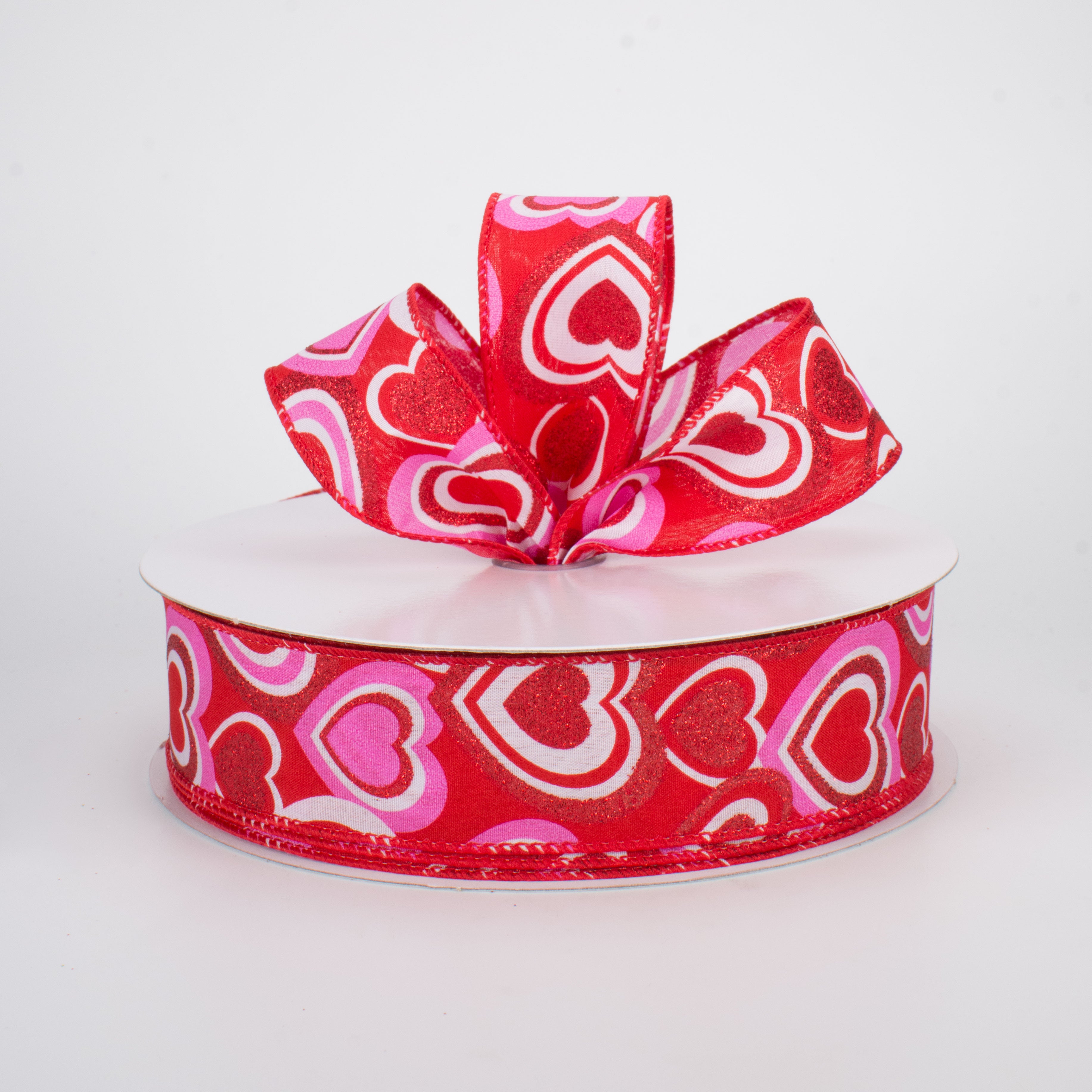 1.5 Inch Pink, Red, White Hearts Ribbon - 50 Yards Bulk Roll for Gift Wrapping, DIY Crafts, Scrapbooking, Party Decorations