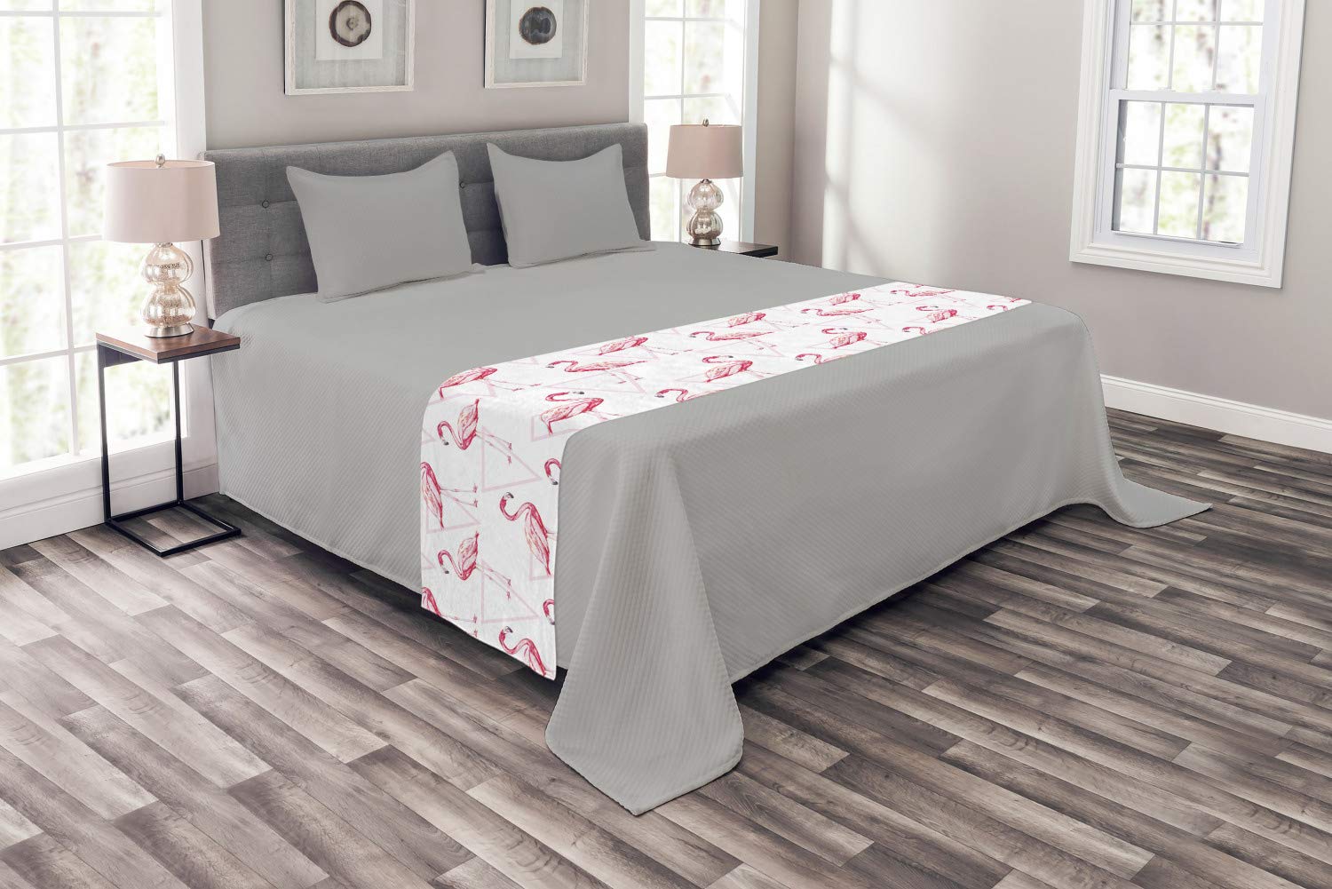 Ambesonne Flamingo Bed Runner - Realistic Animal Print with Geometric Pink Triangle Design, Decorative Bed Scarf for Home, Hotel & Guest Room Decor - Pink Peach White | Perfect for Coastal, Tropical & Bohemian Bedroom Themes