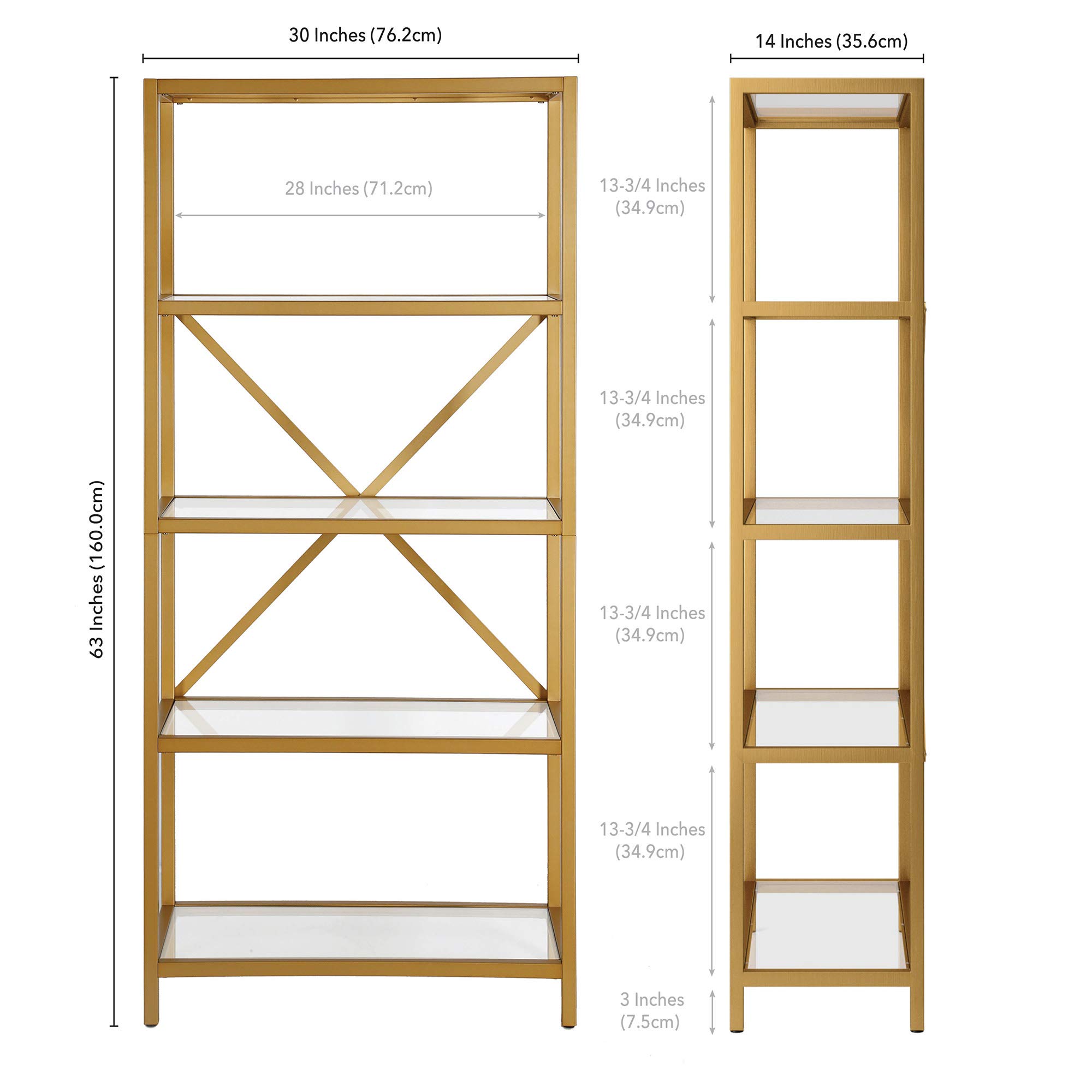 Etta 63 Inch Tall Rectangular Bookcase in Brushed Brass Finish - Modern Bookshelf for Living Room, Office, or Library Storage