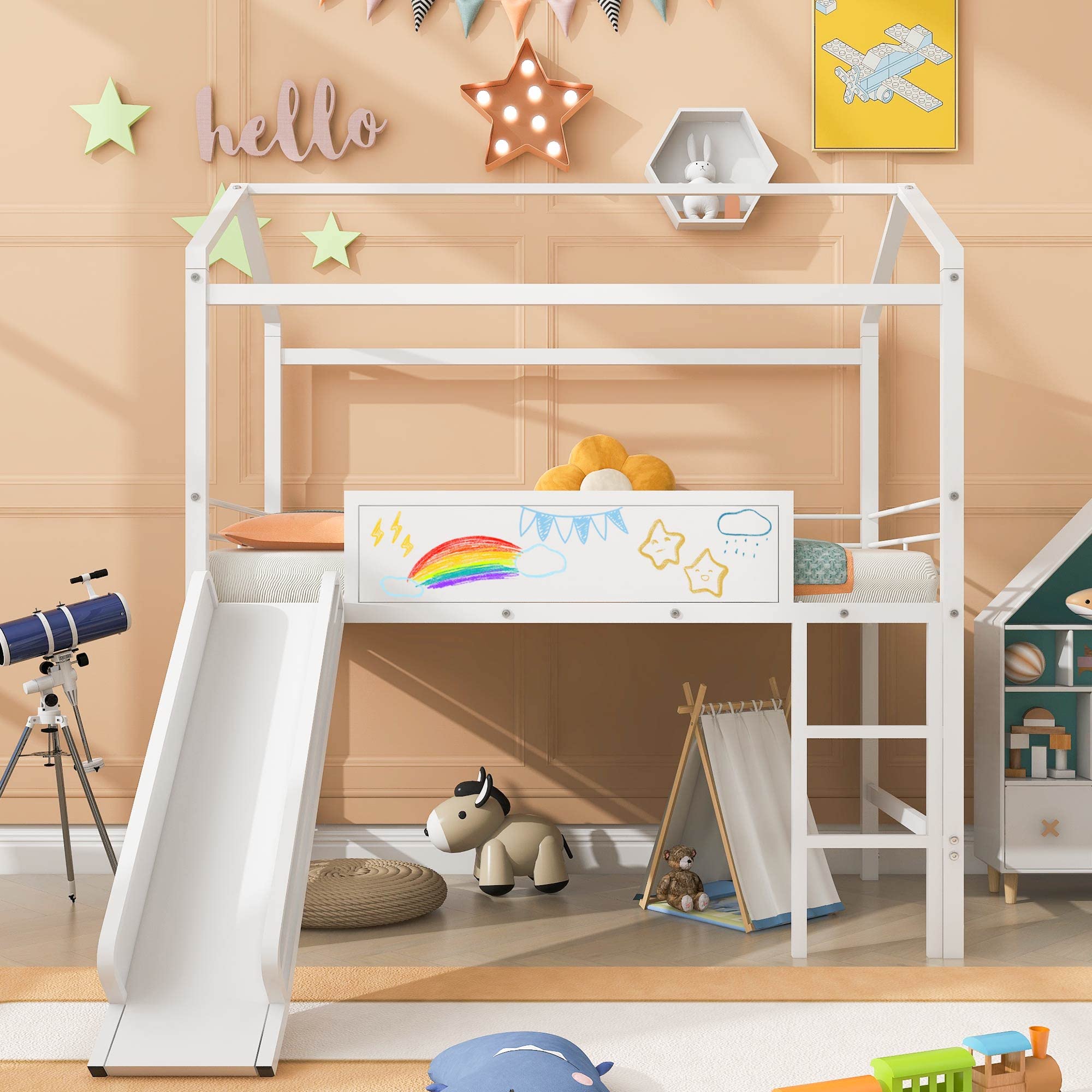 Twin Size Metal Loft Bed with Slide for Kids - Space-Saving Steel House Bed Frame with Writable Wooden Board & Roof - Easy Assembly White Bunk Bed for Boys & Girls Bedroom - Perfect for Small Rooms, Play Areas & Sleepovers
