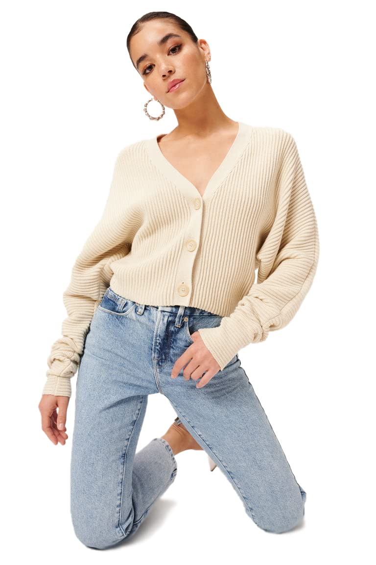 Good American Women's V-Neck Slouchy Cardigan Sweater - Soft Knit Open Front Long Sleeve Wrap for Casual Outfits & Layering in Fall/Winter