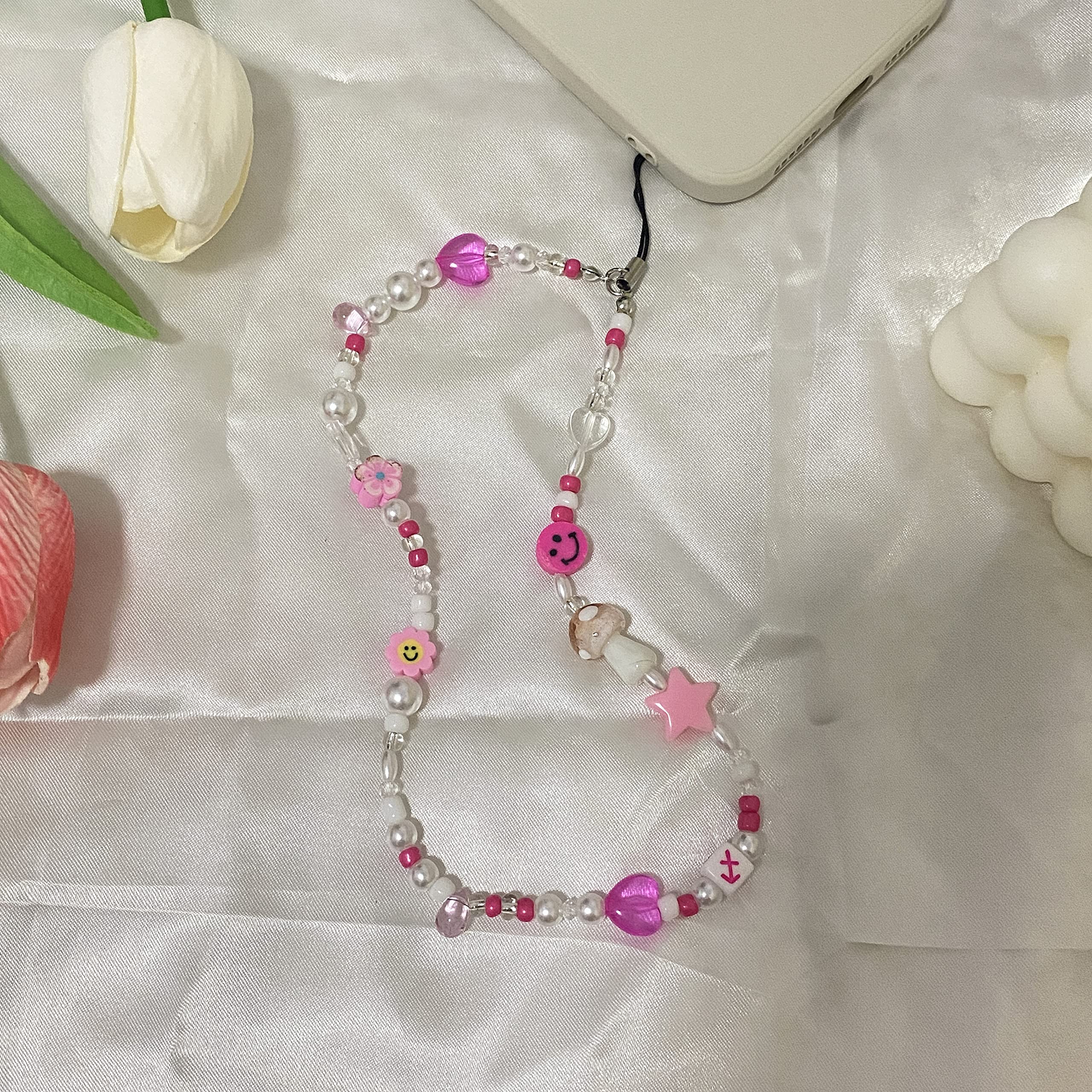 Beaded Phone Charm & Lanyard Wrist Strap - Polymer Clay Smiley Face Beads Bracelet Keychain Jewelry for Cell Phone - Perfect for Everyday Use, Gifts, and Accessories
