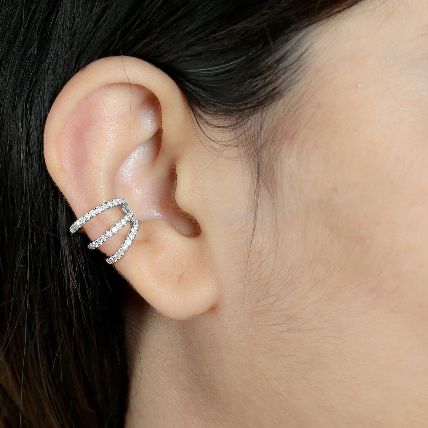 14K White Gold Studded Diamond Three-Layered Ear Cuff Earrings for Women - Elegant Stackable Ear Jewelry for Parties, Weddings & Special Occasions
