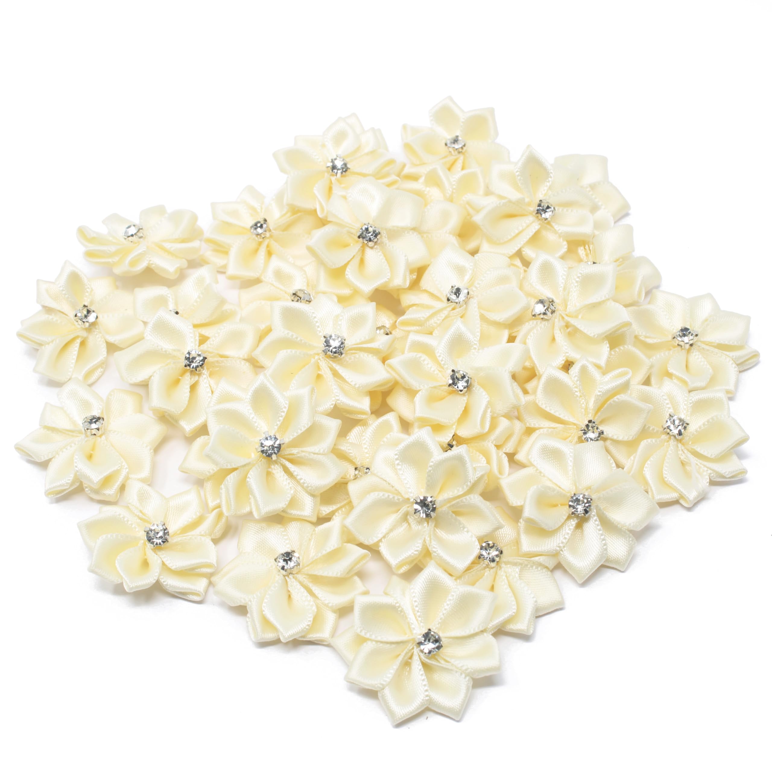 25mm Ivory Satin Ribbon Flowers with Rhinestone Center - Pack of 25 for DIY Crafts, Wedding Decorations, Hair Accessories & Gift Wrapping