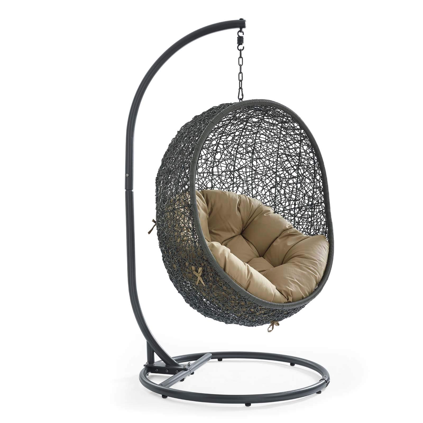 Modway EEI-2273-GRY-MOC Gray Mocha Outdoor Wicker Egg Swing Chair with Stand - Rattan Patio Lounge Chair for Porch, Garden & Backyard Relaxation
