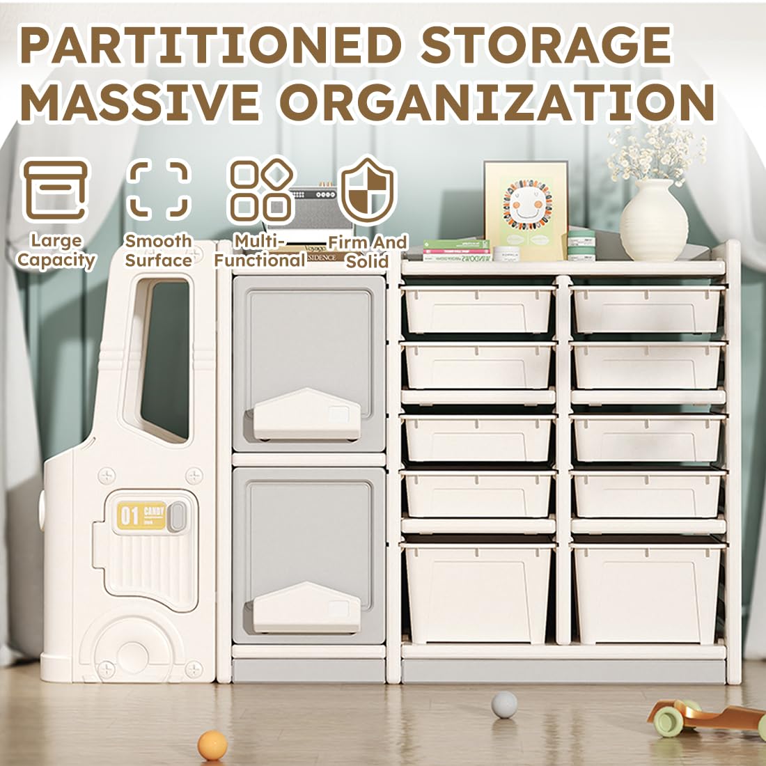 Kids Toy Storage Organizer with 12 Bins - Foldable Grey Toy Box for Bedroom & Playroom Organization | Perfect for Lego, Stuffed Animals & Toy Car Storage