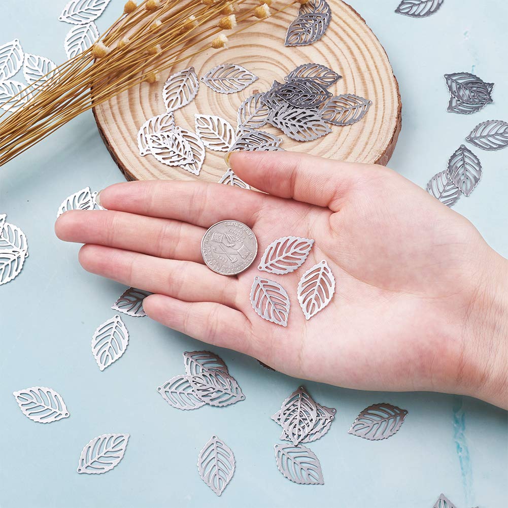 FASHEWELRY 200Pcs 304 Stainless Steel Leaf Pendants - DIY Jewelry Making Supplies for Necklace & Bracelet - Rustproof Metal Filigree Charms (Perfect for Crafting, Gifts & Boho Style Accessories)