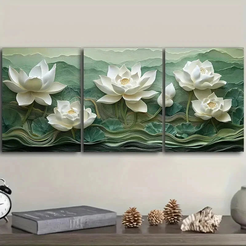 3-Piece White Lotus Flower Metal Wall Art Prints - Ready to Hang Home Decor for Living Room, Bedroom & Office