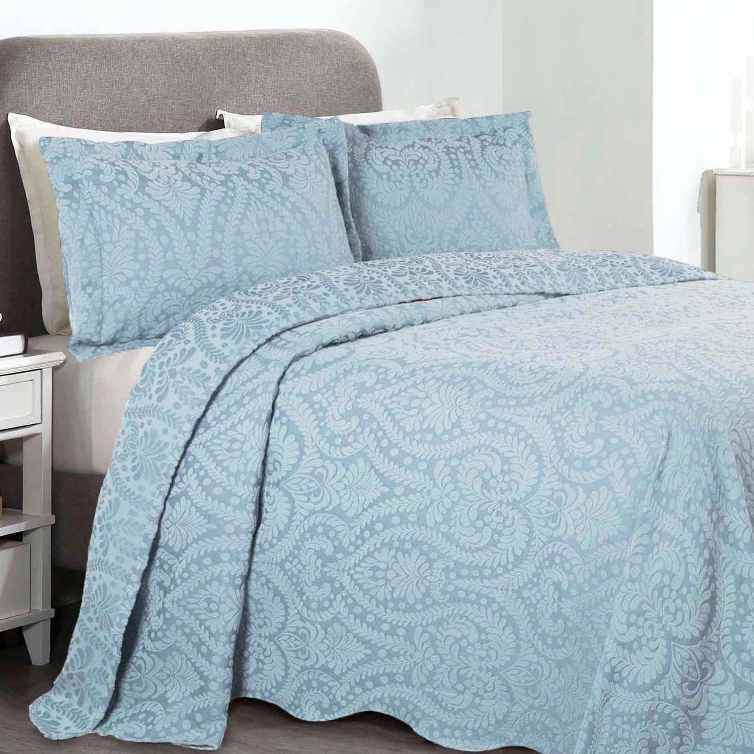 Premium Aspen Cotton Blend Jacquard Floral Bedspread Set with Scalloped Edge - Queen Size Luxury Bedding for Master Bedroom & Guest Room Decor