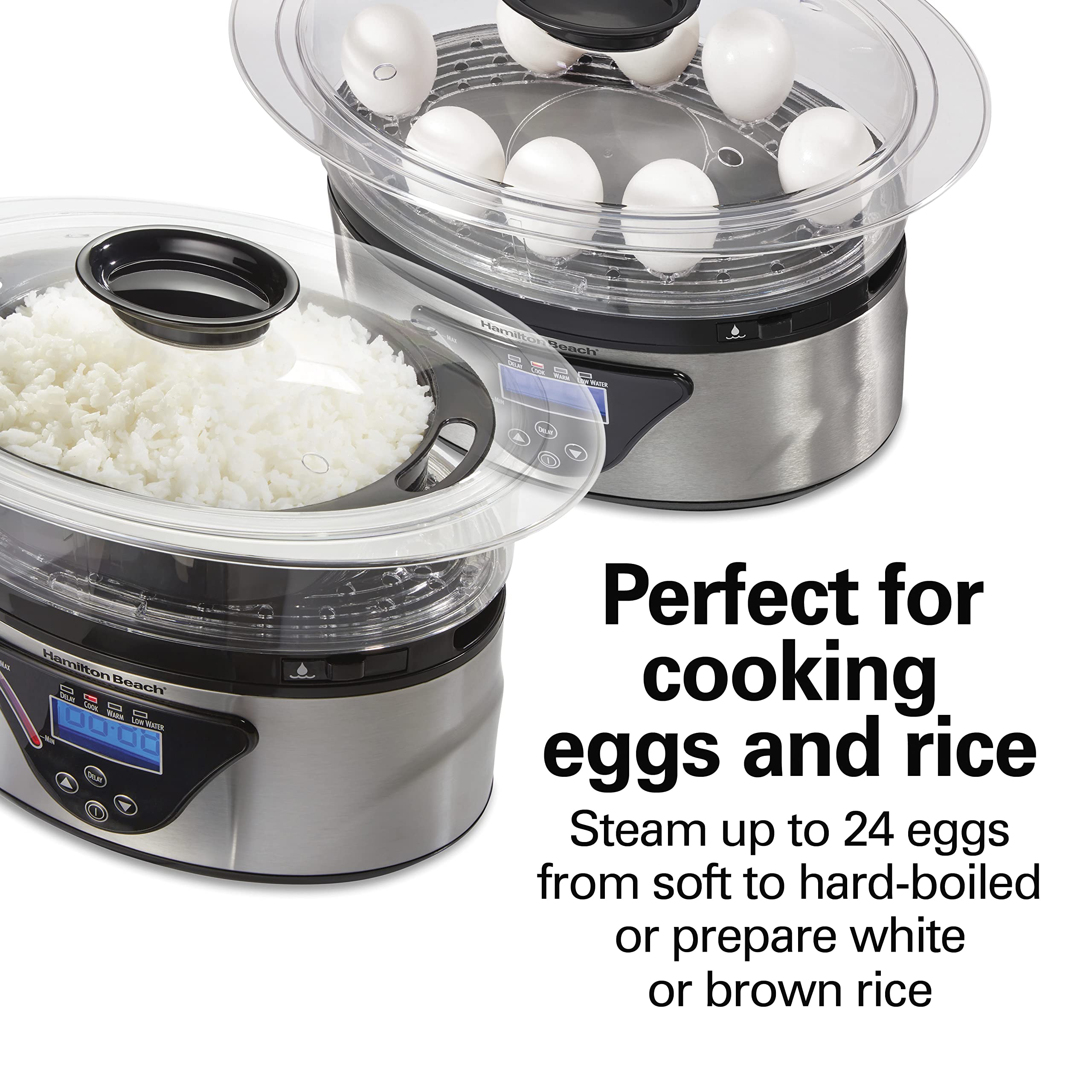 Hamilton Beach 8.25 Quart Digital Electric Food Steamer & Rice Cooker - 3-Tier Stackable Baskets for Vegetables, Seafood & Healthy Meals - Stainless Steel & Black - Perfect for Meal Prep, Dorm Cooking & Family Dinners