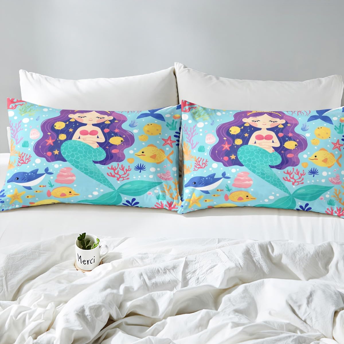Mermaid Bedding Set for Girls - Kawaii Twin Duvet Cover with Cute Cartoon Whale & Octopus Tentacles - Pastel Teal Fish Scale Mermaid Tail Comforter Cover for Kids - Perfect for Little Mermaid Themed Bedroom Decor - Ideal for Birthday Gifts, Sleepovers & Fantasy Room Makeovers