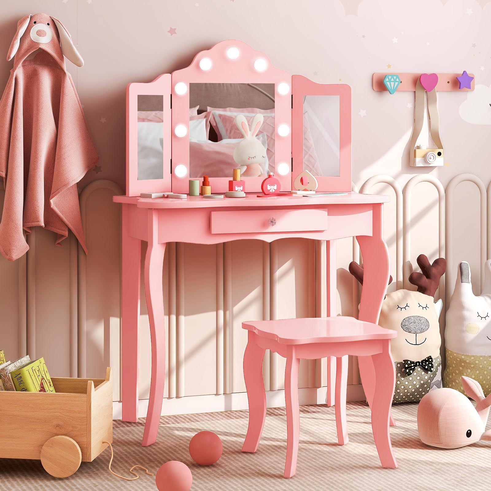 Costzon Kids Vanity Set with Mirror, Stool & Lights - Pink Wooden Princess Makeup Dressing Table with Drawer, 2-in-1 Toddler Vanity for Girls - Pretend Play, Birthday Gift & Bedroom Decor (Pink)