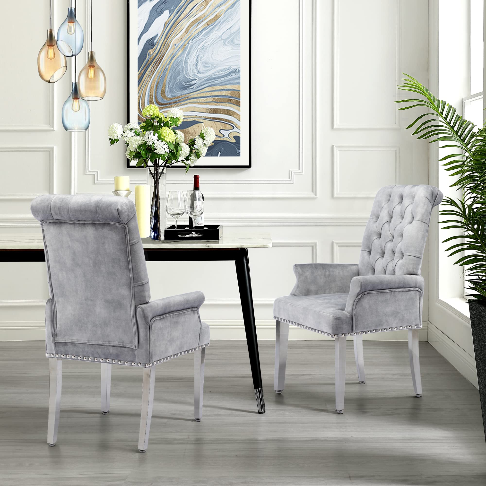 Luxury Velvet Dining Chairs Set of 2 - Modern Upholstered Tufted Armrest Chairs with Stainless Steel Legs - Elegant Grey Accent Chairs for Kitchen, Dining Room, Living Room & Bedroom - Perfect for Home Decor, Dinner Parties & Cozy Reading Nooks