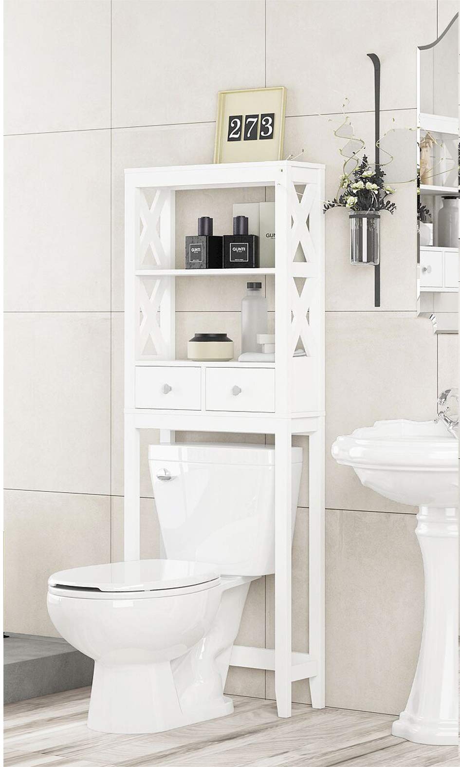 White X-Frame Over The Toilet Storage Shelf with Drawers - Bathroom Space Saver Organizer for Toiletries, Towels & Cleaning Supplies - Perfect for Small Bathrooms, Apartments & Powder Rooms