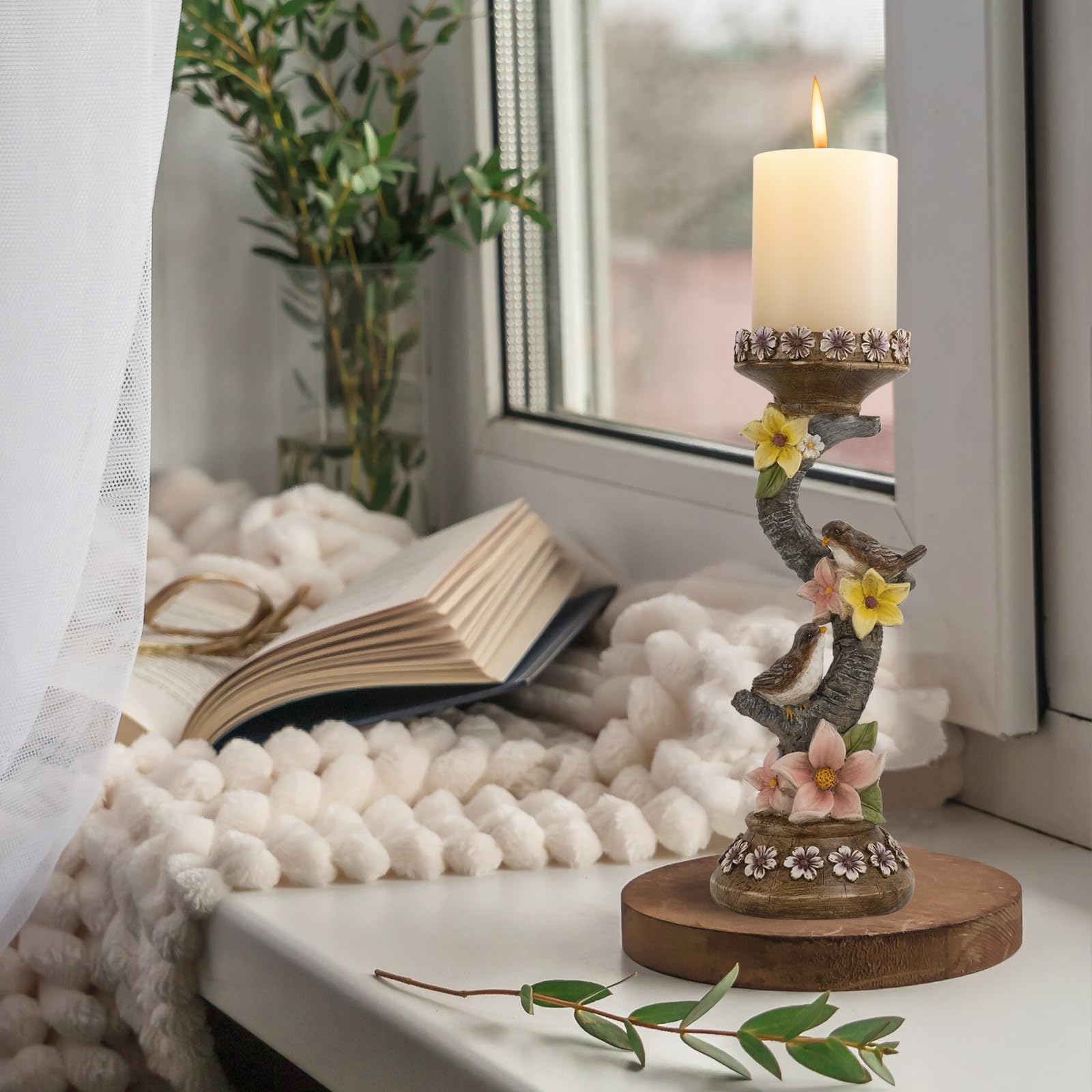 11.6in Resin Spring Figurine with Bird & Flower - Decorative Candle Holder for Pillar Candles, Home Mantel & Table Centerpiece - Perfect for Spring Home Decor, Easter Decorations & Seasonal Tablescapes