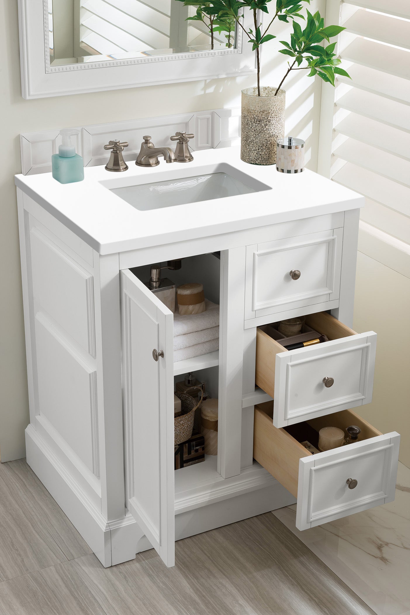 De Soto 30 Inch Single Bathroom Vanity Set with White Zeus Quartz Countertop - Bright White Finish, 3CM Thick - Perfect for Modern Home Bathroom Remodeling & Small Space Solutions
