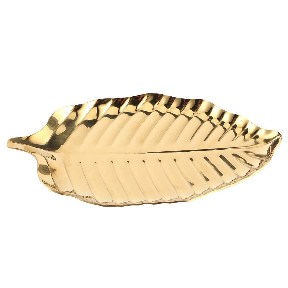 HERCHR Gold Stainless Steel Leaf-Shaped Decorative Tray - Jewelry & Trinket Display Dish for Bathroom, Dresser, Vanity - 3.7 x 6.7 Inches - Elegant Home Decor & Gift Idea for Women