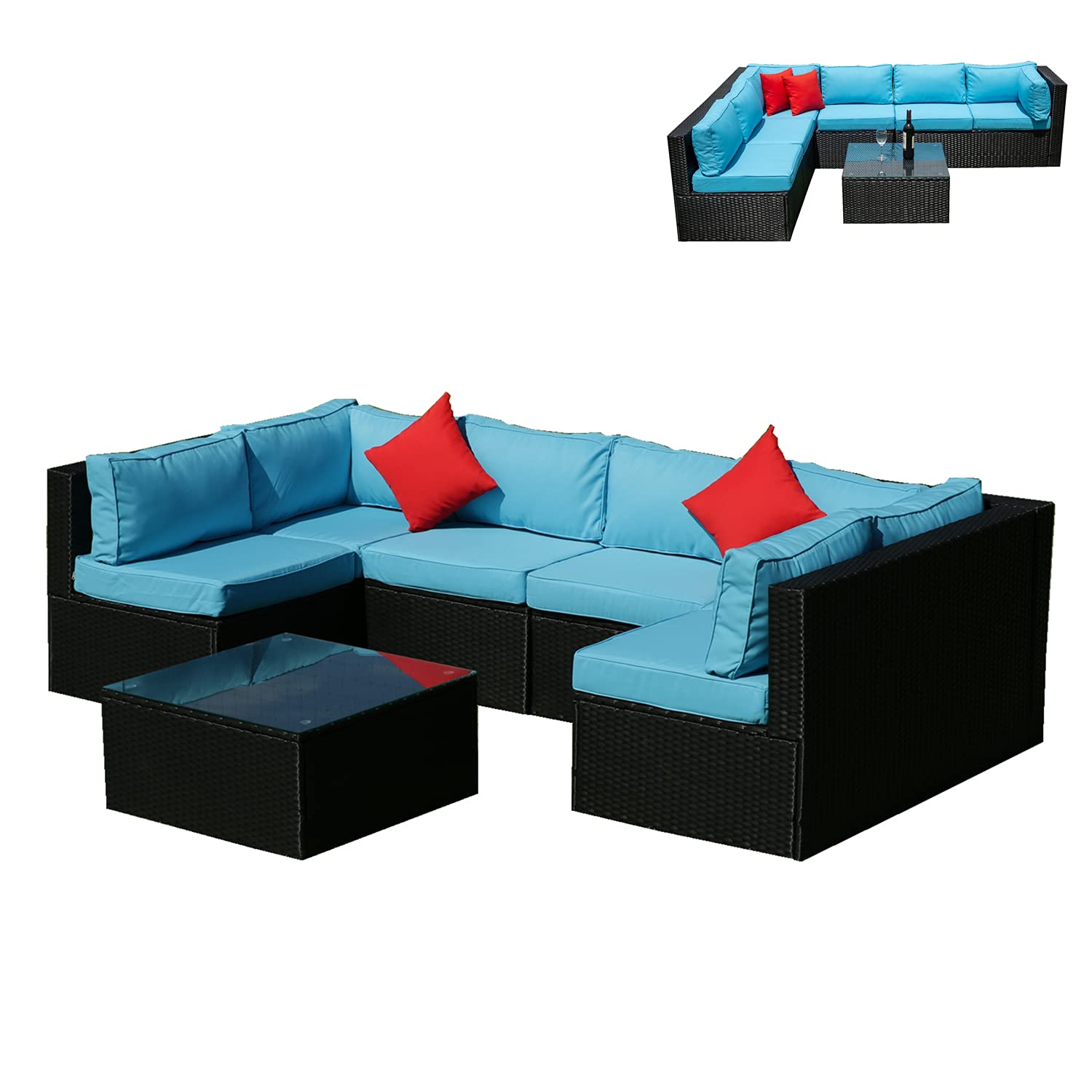 5-Piece Outdoor Rattan Patio Furniture Set - U-Shaped All-Weather Wicker Sectional Sofa with Cushions, Dining Table & Chairs - Blue Garden Corner Lounge Set for Backyard, Poolside & Terrace Relaxation