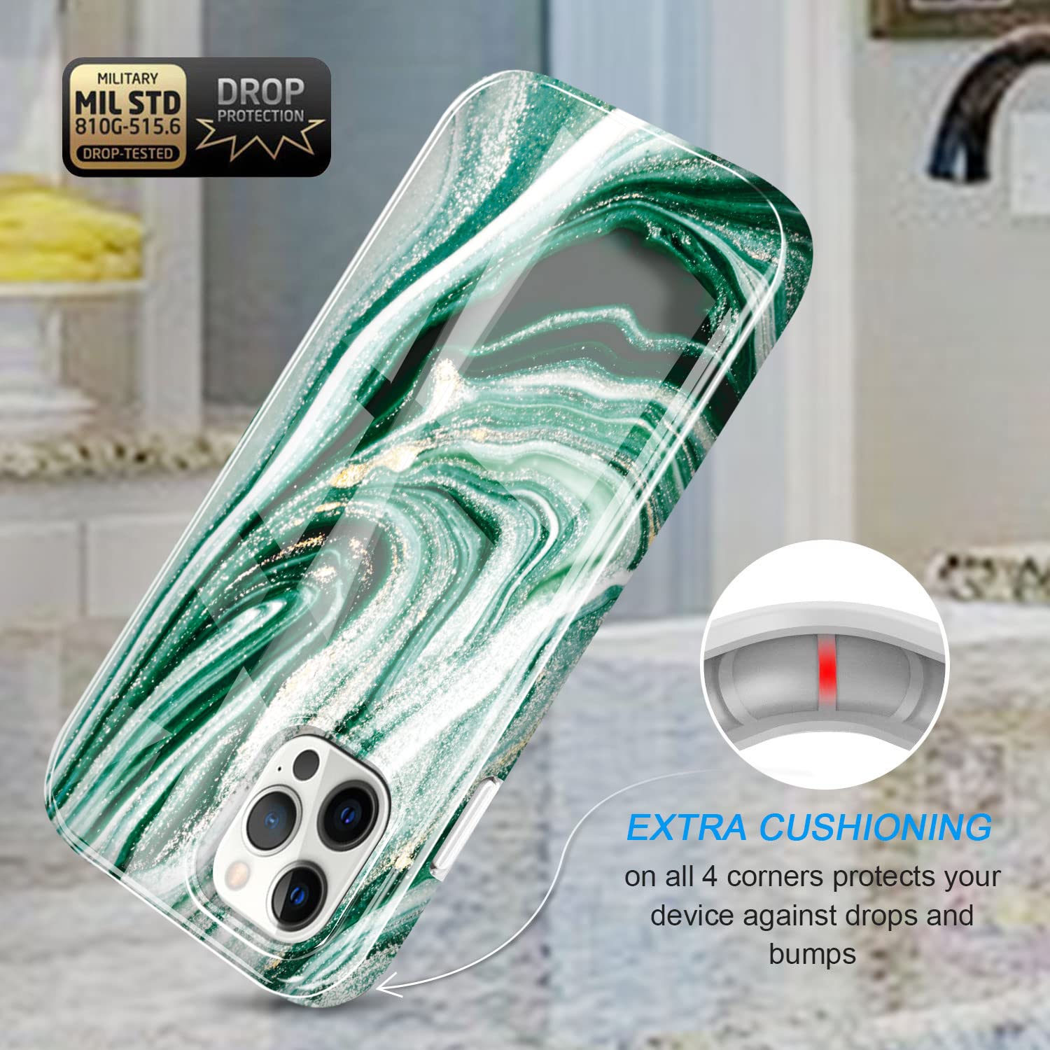 Luolnh Gold Glitter Sparkle iPhone 13 Pro Case - Marble Design Shockproof Slim Soft Silicone TPU Bumper Cover for iPhone 13 Pro 6.1 Inch (2021 Model, Green Stars) - Perfect for Everyday Protection & Stylish Accessorizing