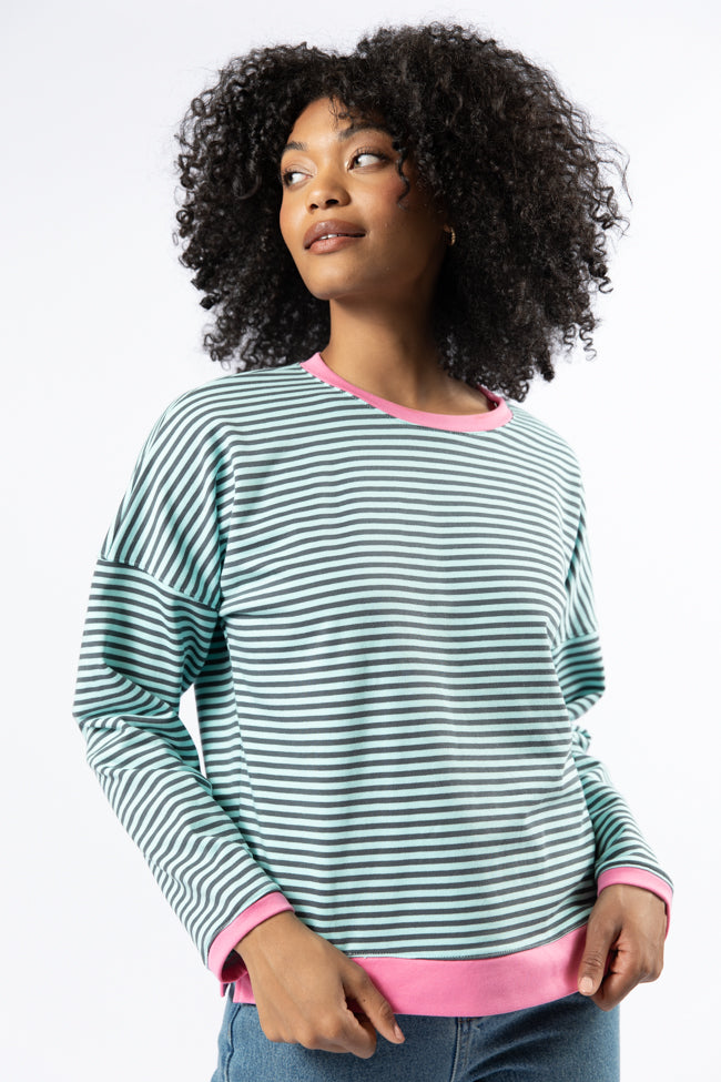 Think On It Pink, Navy, and Charcoal Striped Contrast Trim Pullover Sweater | Women's Casual Knit Top | Perfect for Fall Layering and Weekend Outfits