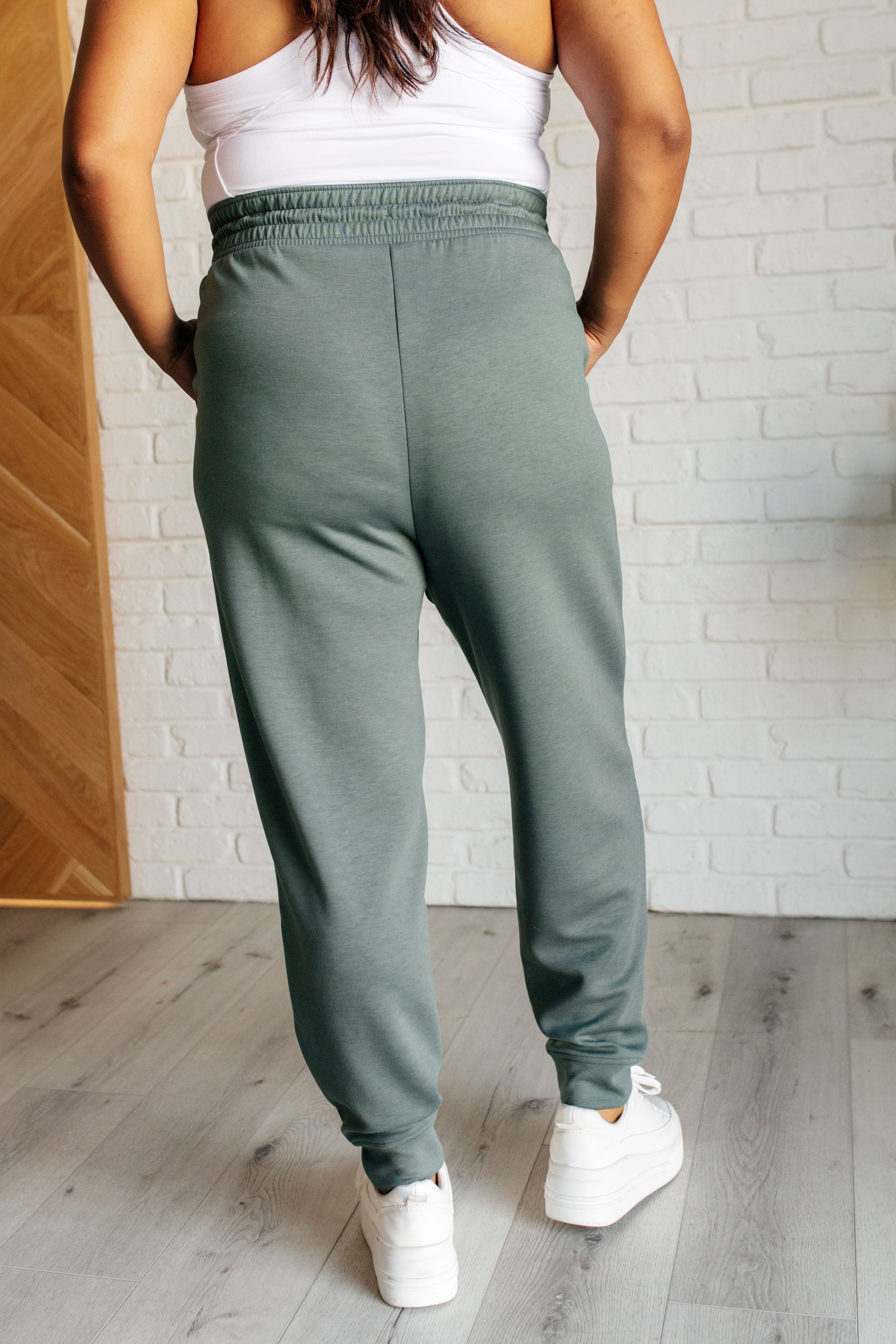 High Waist Center Seam Scuba Joggers for Women - Soft Stretchy Lounge Pants in Ash Jade - Perfect for Yoga, Running & Casual Wear