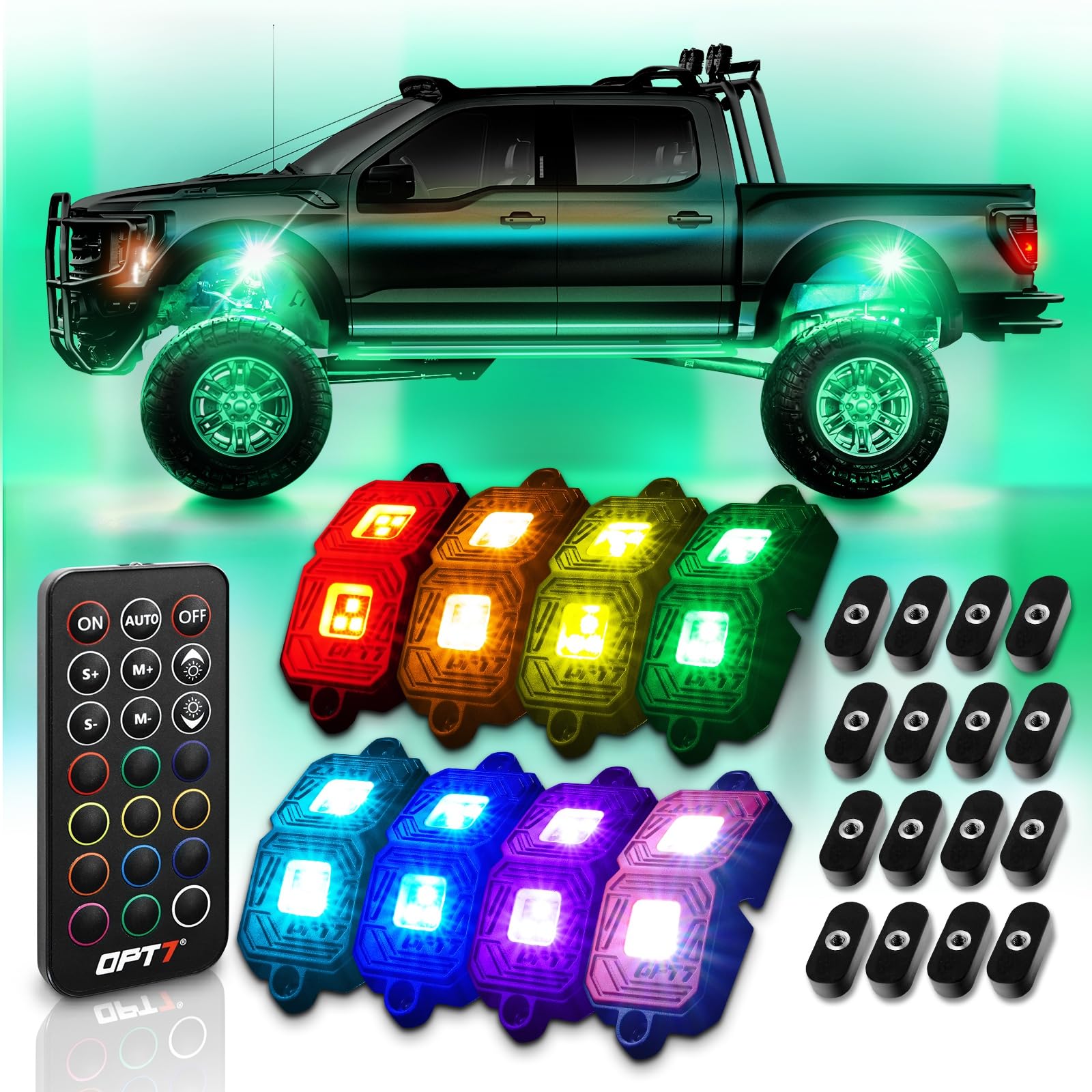 OPT7 Photon RGB LED Magnet Rock Lights - 8 Pods Multicolor Underglow Lighting Kit with APP & Remote Control, IP68 Waterproof for Offroad Vehicles (Truck, Jeep, RZR, ATV, UTV) - Perfect for Night Offroading, Car Shows & Custom Vehicle Lighting