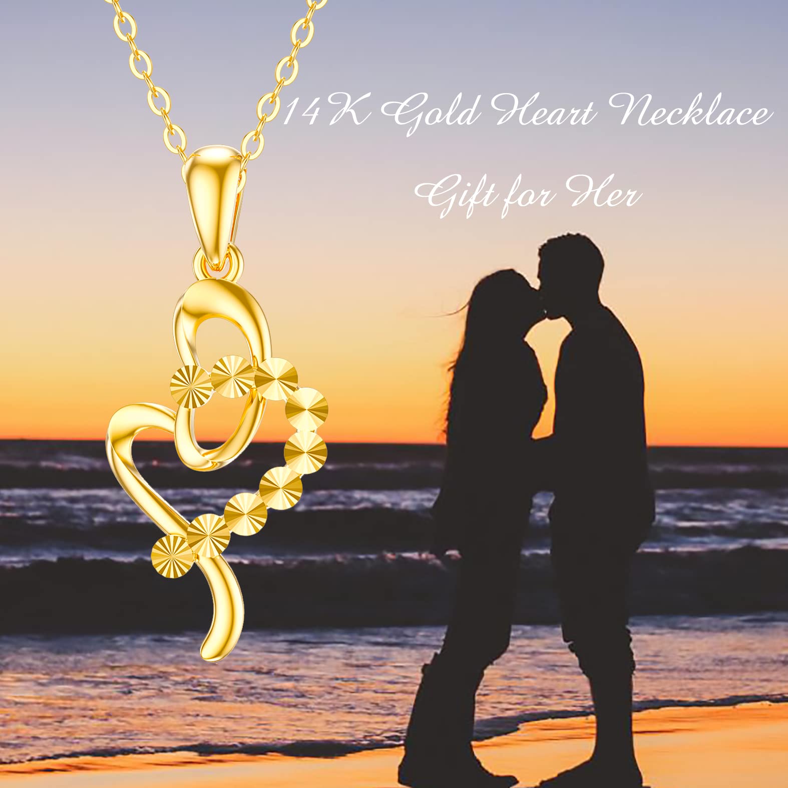 14K Gold Heart Necklace for Women - Real Gold Double Hearts Pendant Jewelry Gift for Mother, Wife, Daughter (16+2 Inch) - Perfect for Valentine's Day, Anniversary, Birthday & Special Occasions