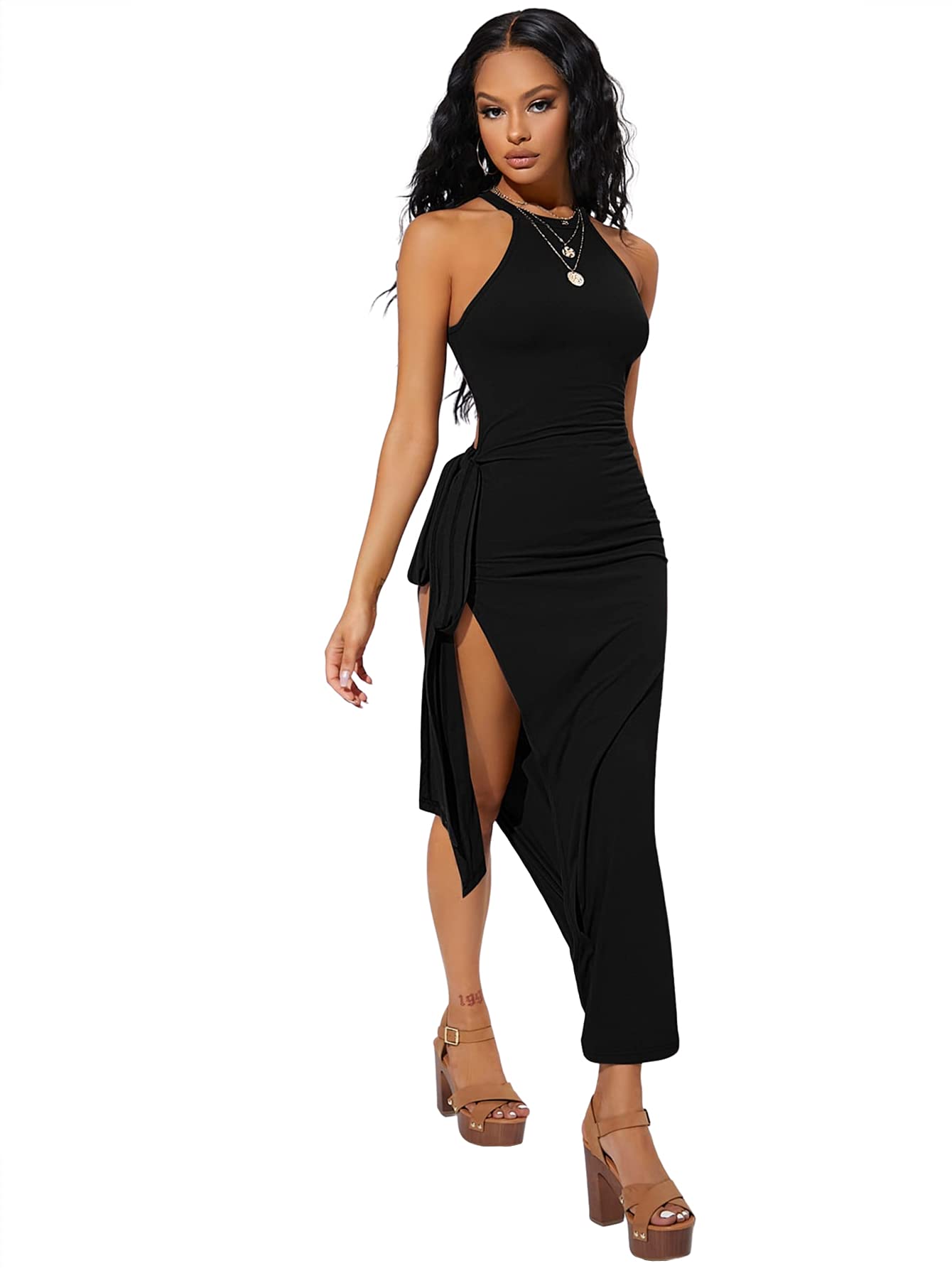 Sexy Sleeveless Halter Neck Bodycon Dress for Women - Side Slit & Tie Knot Design, Perfect for Night Out, Party, or Date Night