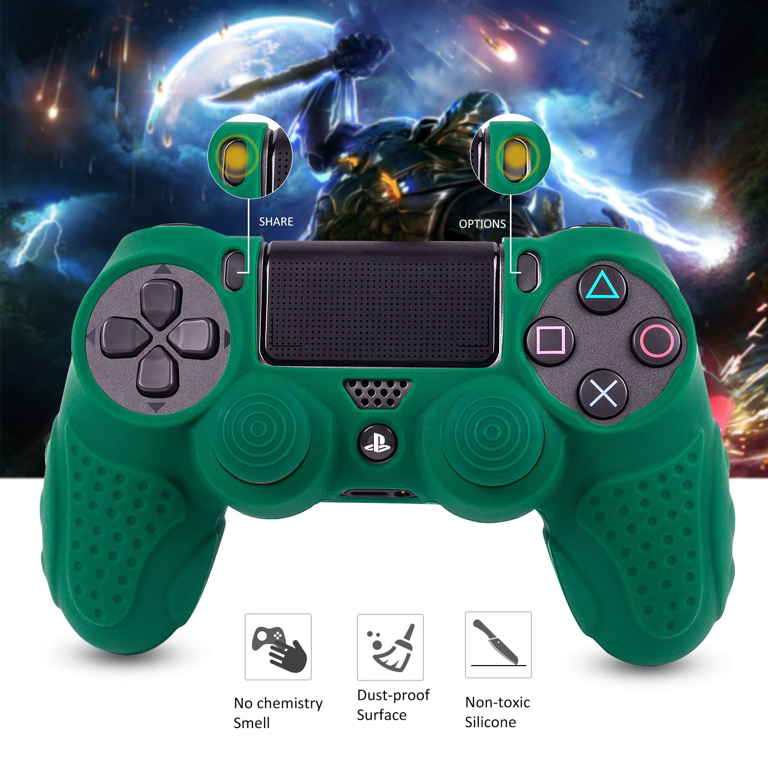 Premium Anti-Slip Silicone Cover for PS4 Controller - DualShock4 Skin Grip Protector Case Compatible with Sony PS4/PS4 Slim/PS4 Pro (Includes 8 Thumb Grips) - Green - Perfect for Gaming, Protection & Enhanced Grip During Long Play Sessions