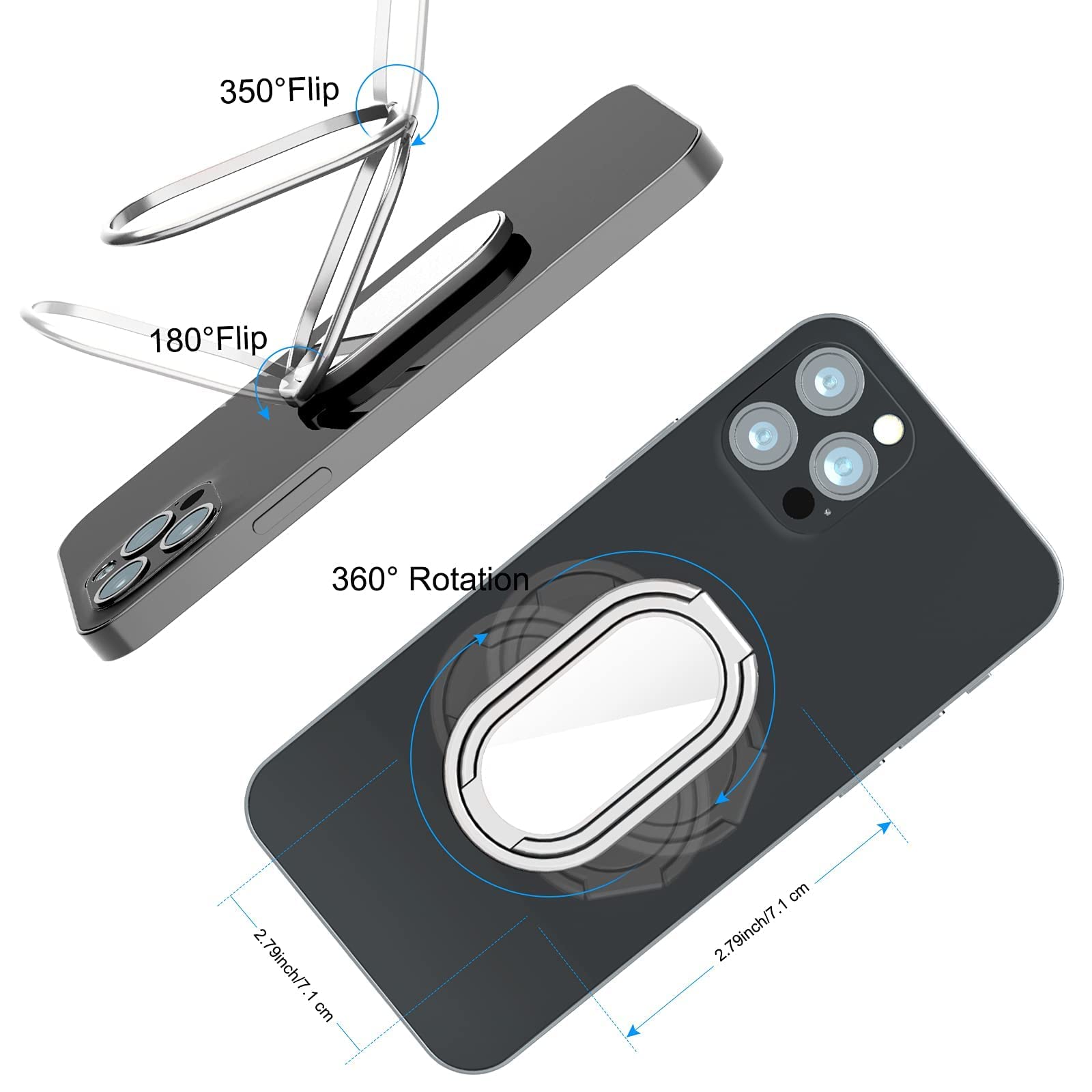 360° Rotating Magnetic Phone Ring Holder & Kickstand - Gun Black & Silver Metal Phone Grip for Hands-Free Viewing, Magnetic Car Mount, Foldable Stand - Perfect for Driving, Watching Videos, and Taking Selfies