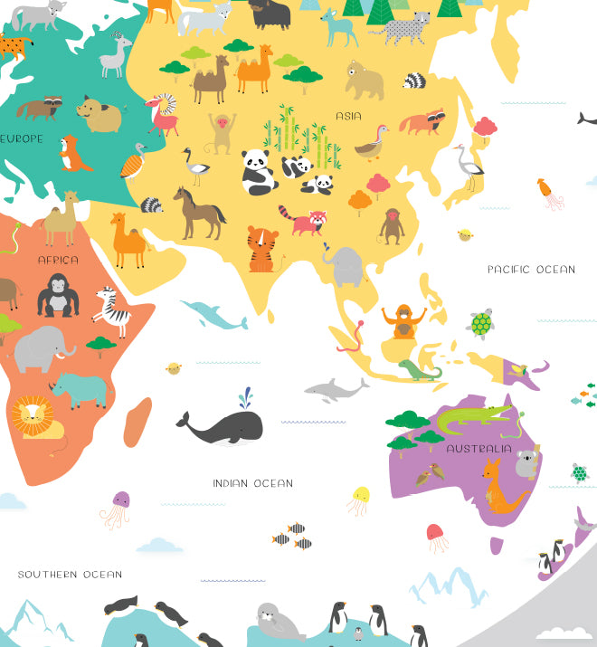 Animals of the World Map Wall Sticker - Decorative Educational Kids Room Decor for Nursery, Classroom & Playroom - Perfect for Geography Learning & Wildlife Exploration