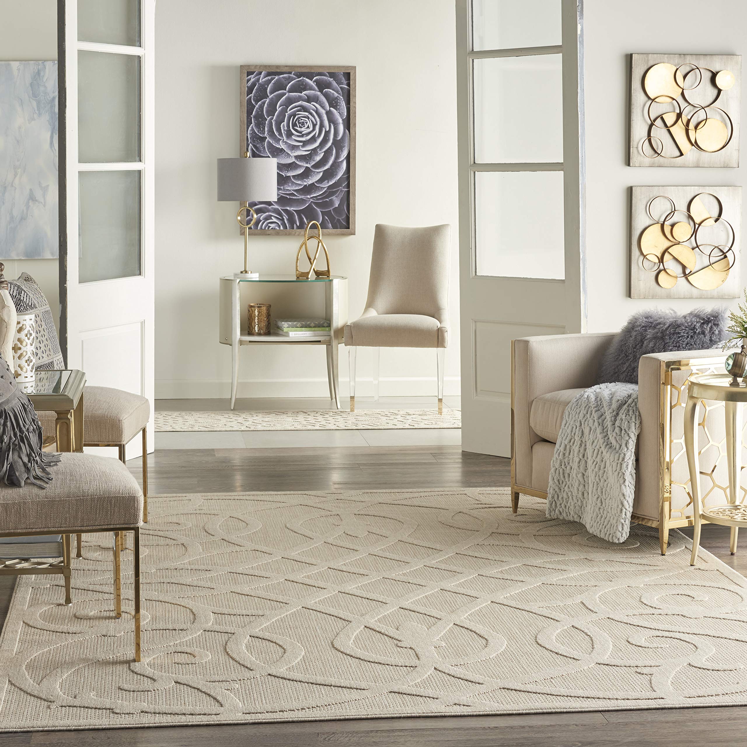 Nourison Palamos 7' x 10' Cream Indoor Outdoor Area Rug - Easy Clean, Non-Shedding, Stain Resistant for Living Room, Bedroom, Dining Room, Deck, Patio & Backyard - Perfect for Home Decor & Outdoor Entertaining