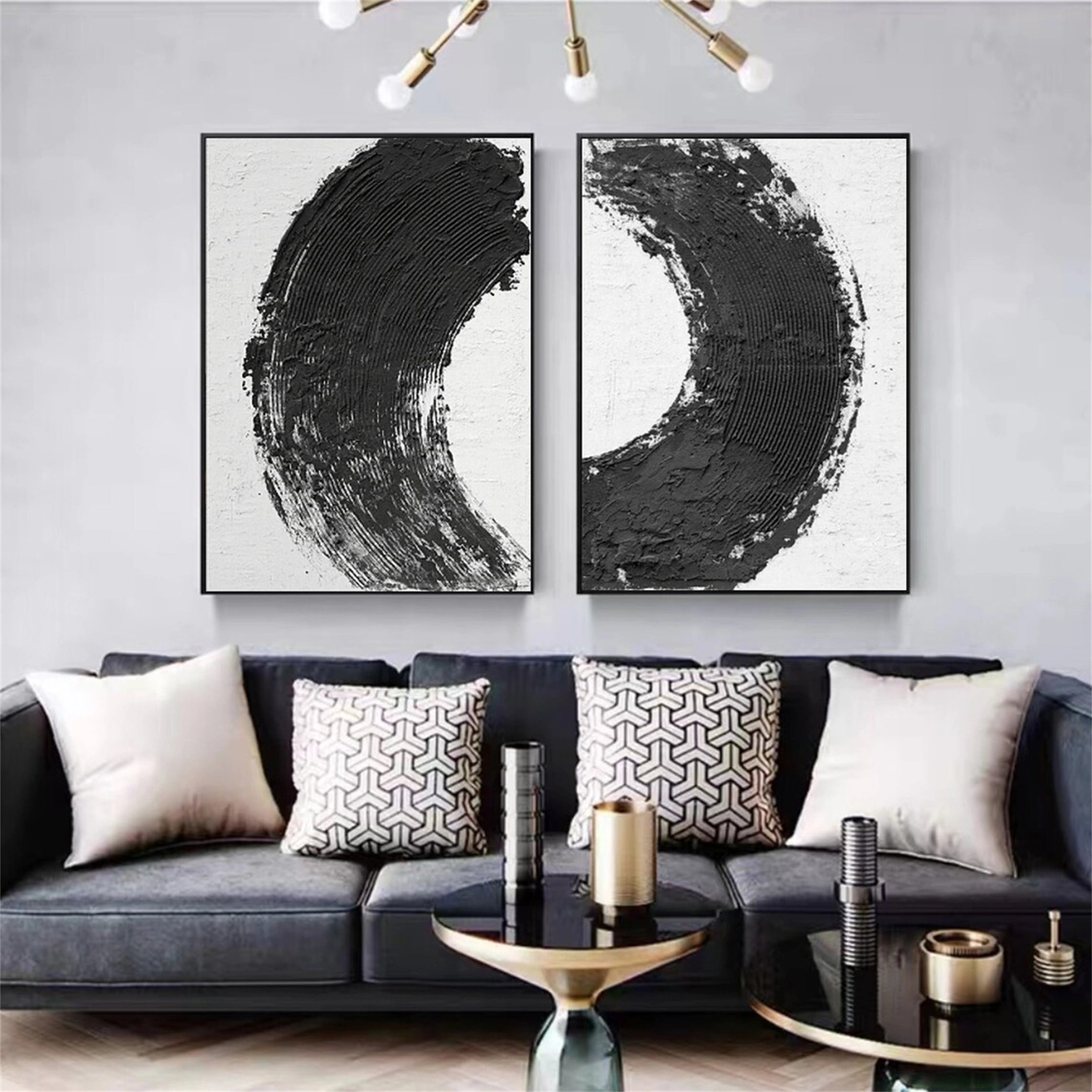 Modern Black and White Textured Minimalist Wall Art Set of 2 - Abstract Canvas Paintings for Living Room, Bedroom & Office Decor | #MZ070
