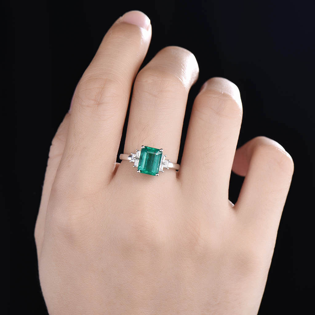 Solitaire Natural Emerald Cut Emerald & Baguette Diamond Engagement Ring - Perfect for Proposals, Weddings & Anniversary Gifts