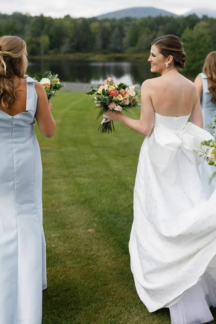 Elegant Long Blue Satin Bridesmaid Dress - Sleeveless with Bow Straps for Weddings, Formal Events & Special Occasions