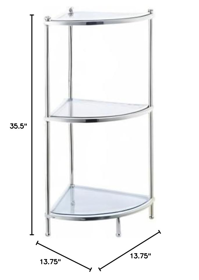 Pemberly Row 3-Tier Glass Corner Shelf with Chrome Frame - Perfect for Bathroom, Kitchen, or Living Room Storage & Display