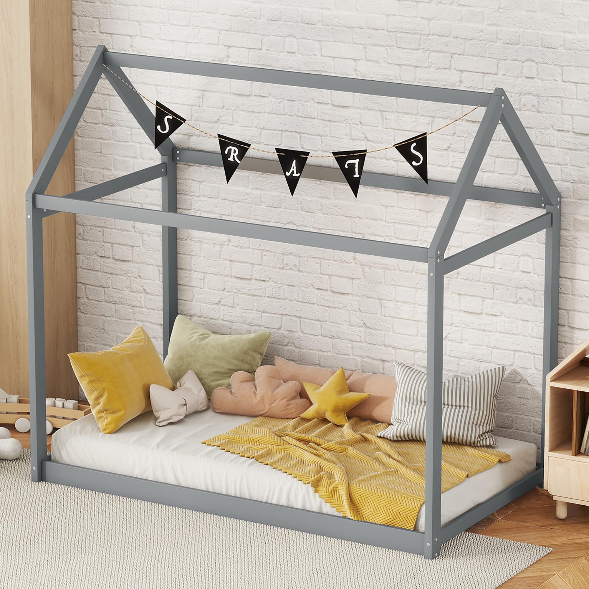 P PURLOVE Twin Size Wooden House Bed Frame - Kids Play Tent Bed for Girls & Boys | Fun Bedroom Decor for Children's Room & Playhouse Adventures