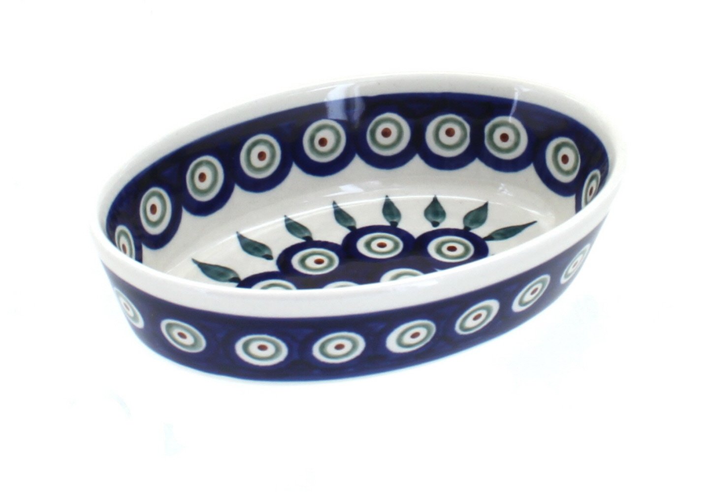 Handmade Blue Rose Polish Pottery Peacock Small Oval Baker - Perfect for Baking, Serving & Home Decor