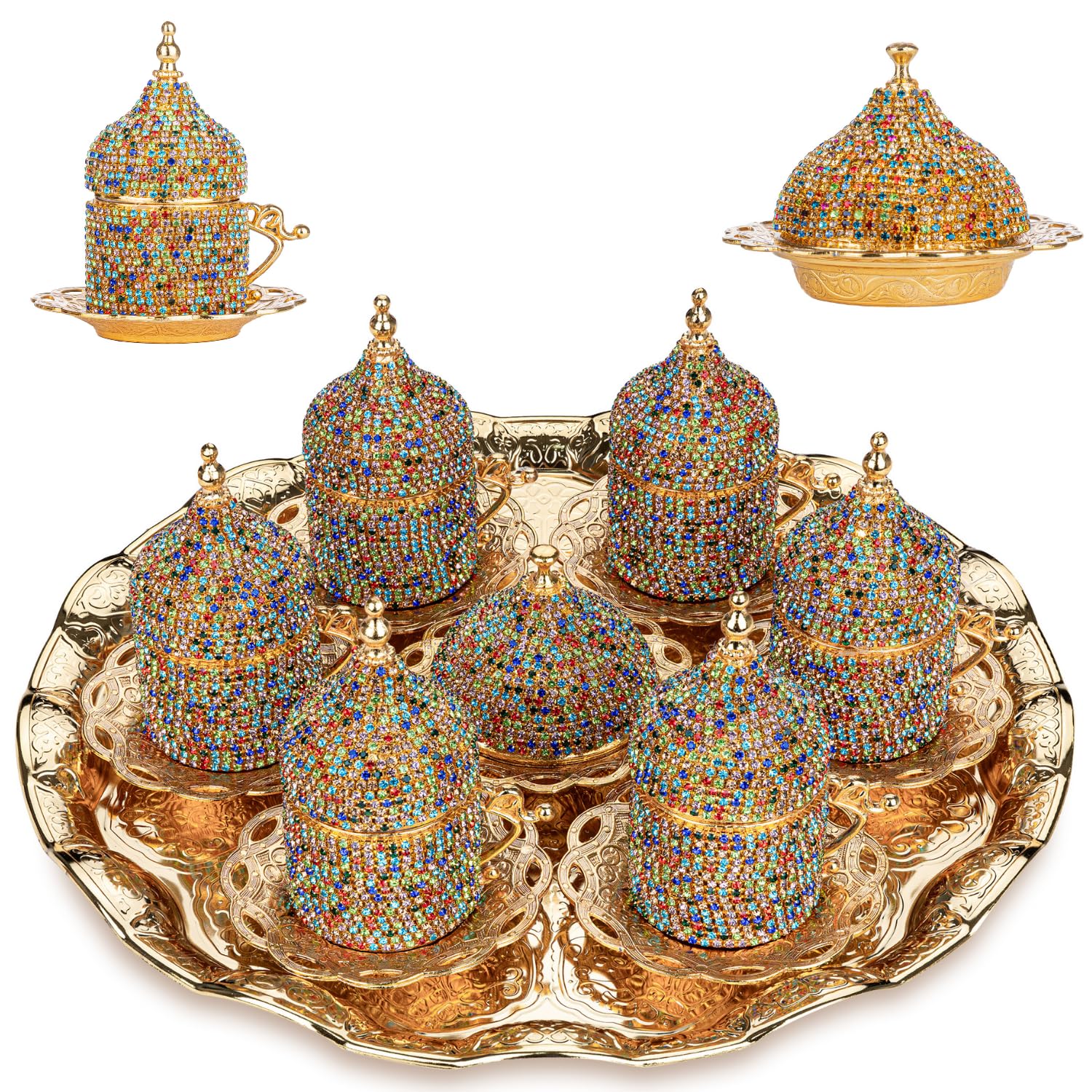 Turkish Coffee Set with Crystal Embellishments - 27-Piece Zamac Espresso Cups, Saucers & Sugar Bowl with Tray - 3 Elegant Color Options - Perfect for Home Decor, Gifts & Traditional Coffee Ceremonies